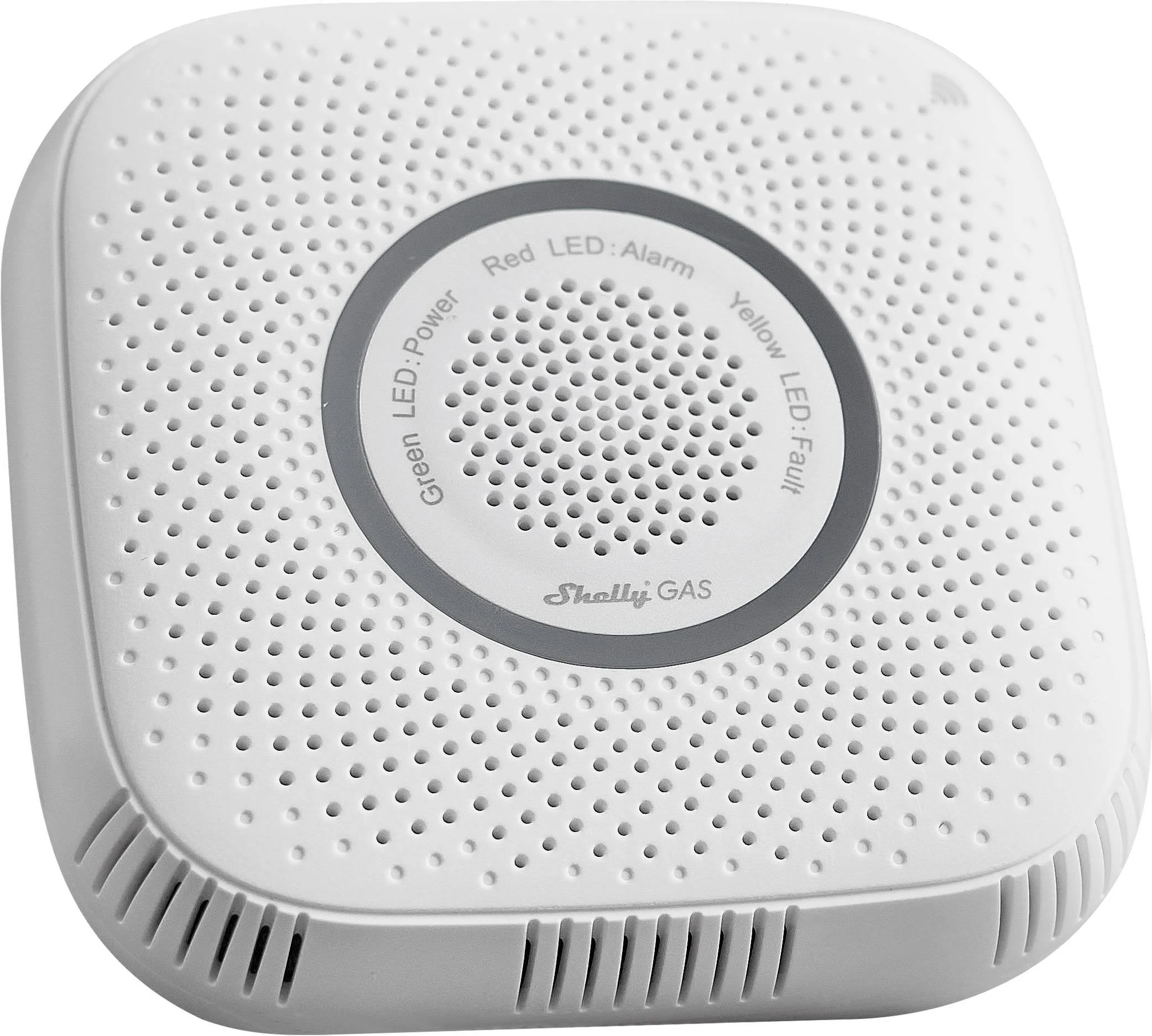 Białe urządzenie Shelly GAS z otworami wentylacyjnymi i tekstem wskazującym funkcje LED.