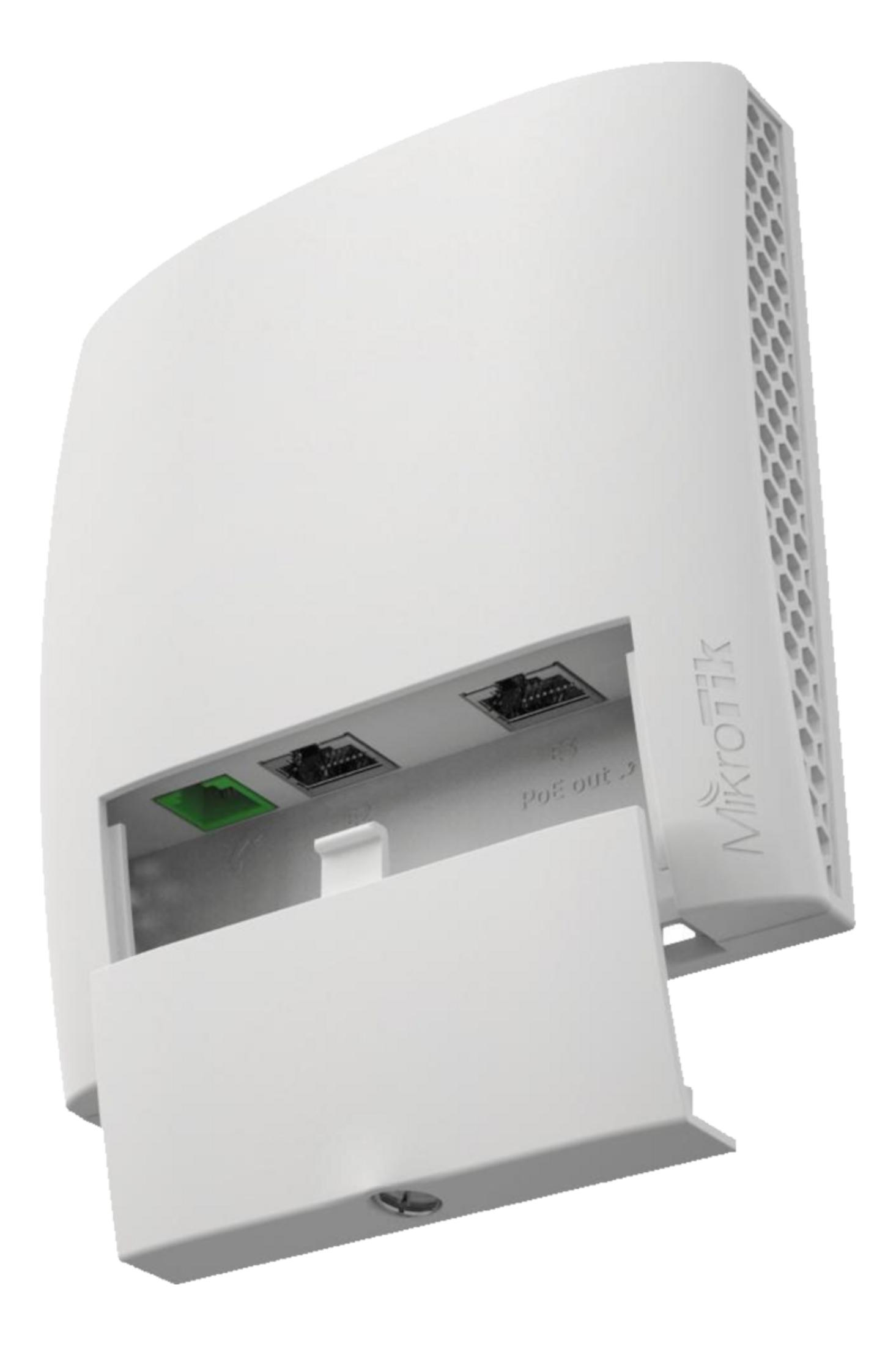 Un router Mikrotik bianco con lo sportello aperto, che rivela due porte Ethernet.