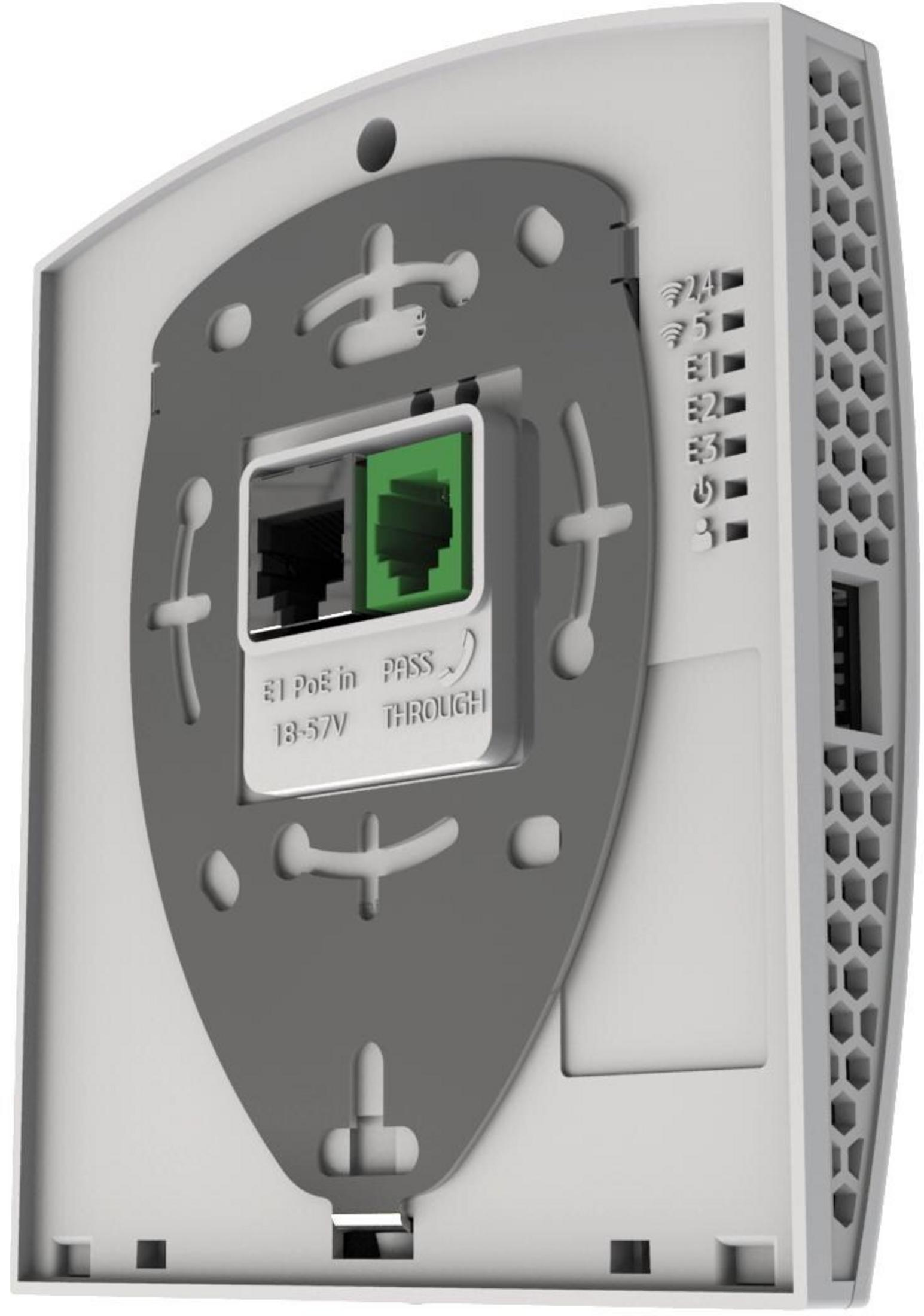 Retro di un dispositivo bianco con porte e indicatori LED.