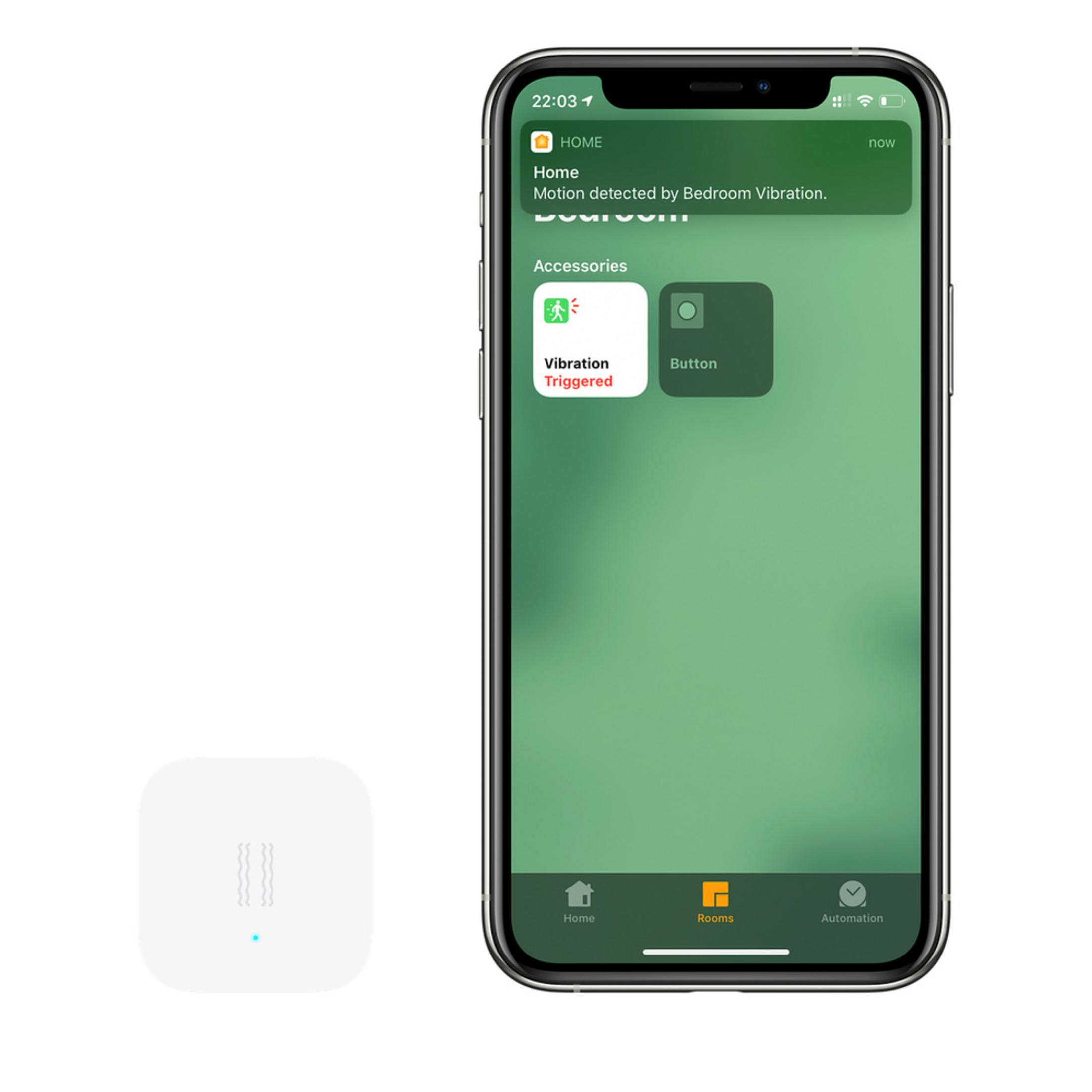 Ein weißer Sensor und ein iPhone zeigen eine Vibrationswarnung an.