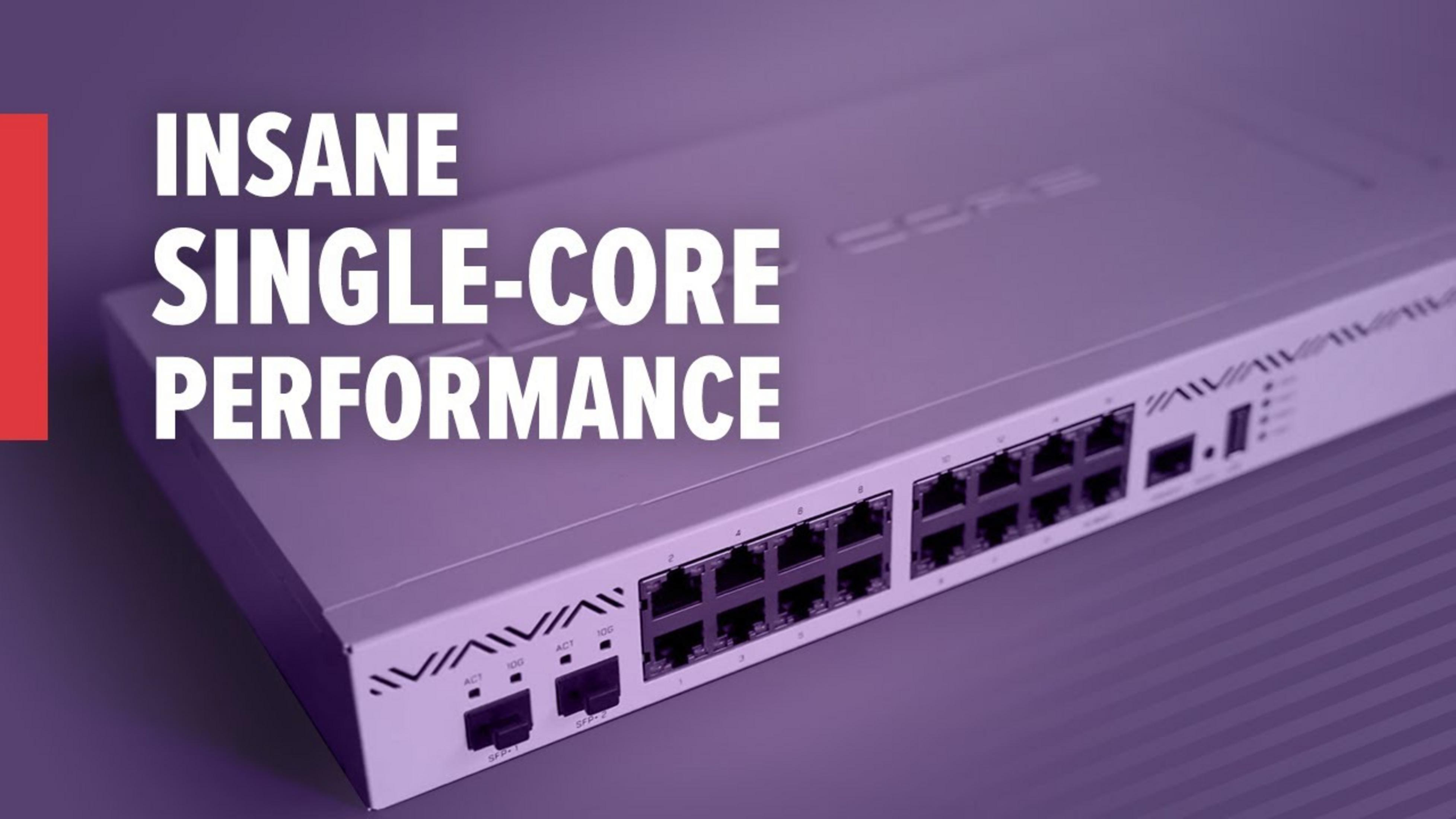 Switch di rete argentato con porte e testo 'Insane Single-Core Performance'.