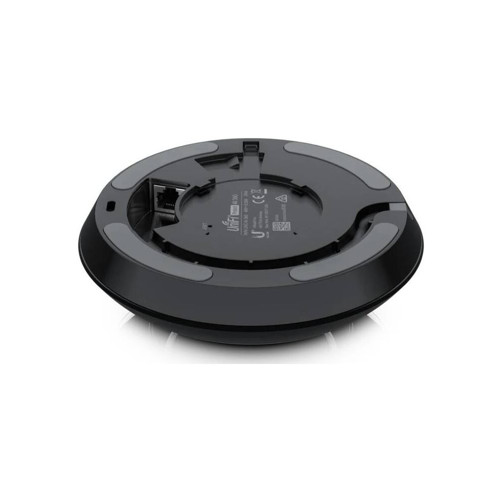 Spód czarnego punktu dostępowego Ubiquiti UniFi z portem Ethernet.
