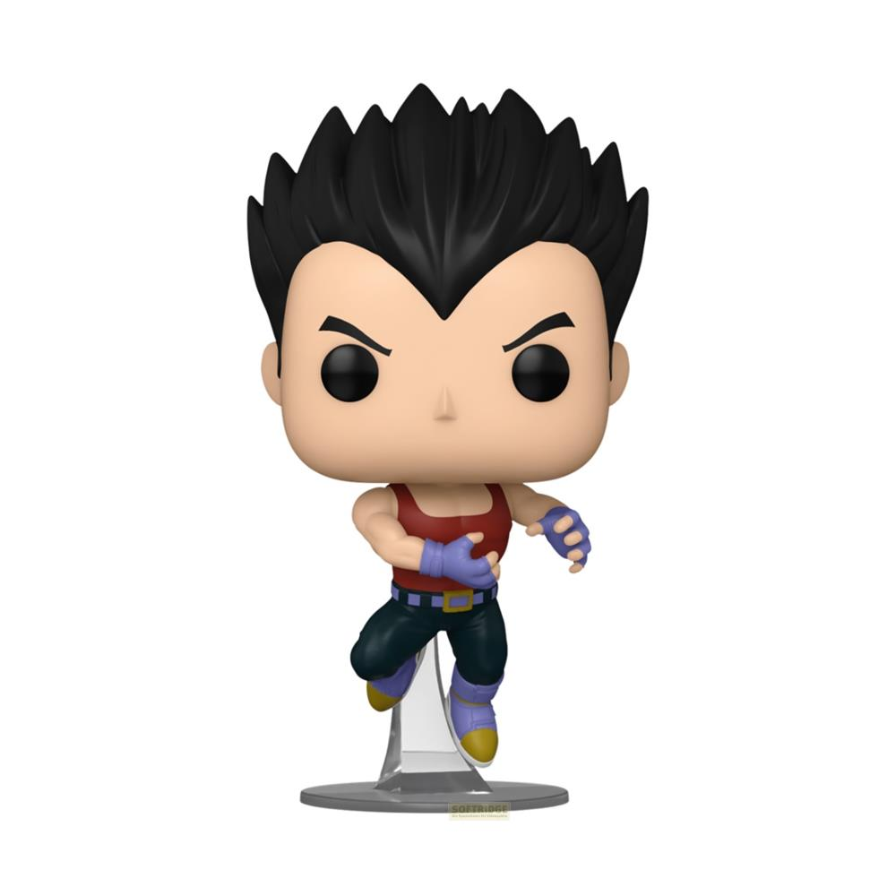Action figure Funko Pop! di Vegeta con capelli neri, canottiera rossa e guanti blu.