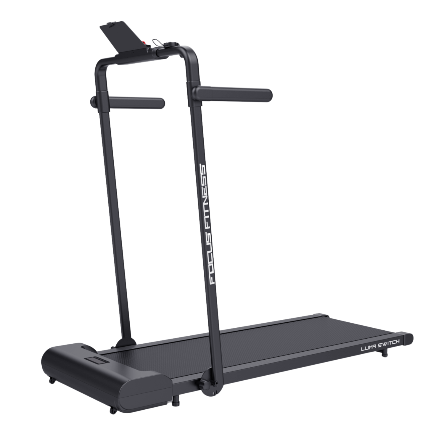 Een zwart, opvouwbaar loopband met handgrepen en digitaal display. Tekst: 'FOCUS FITNESS' en 'LUMA SWITCH'.