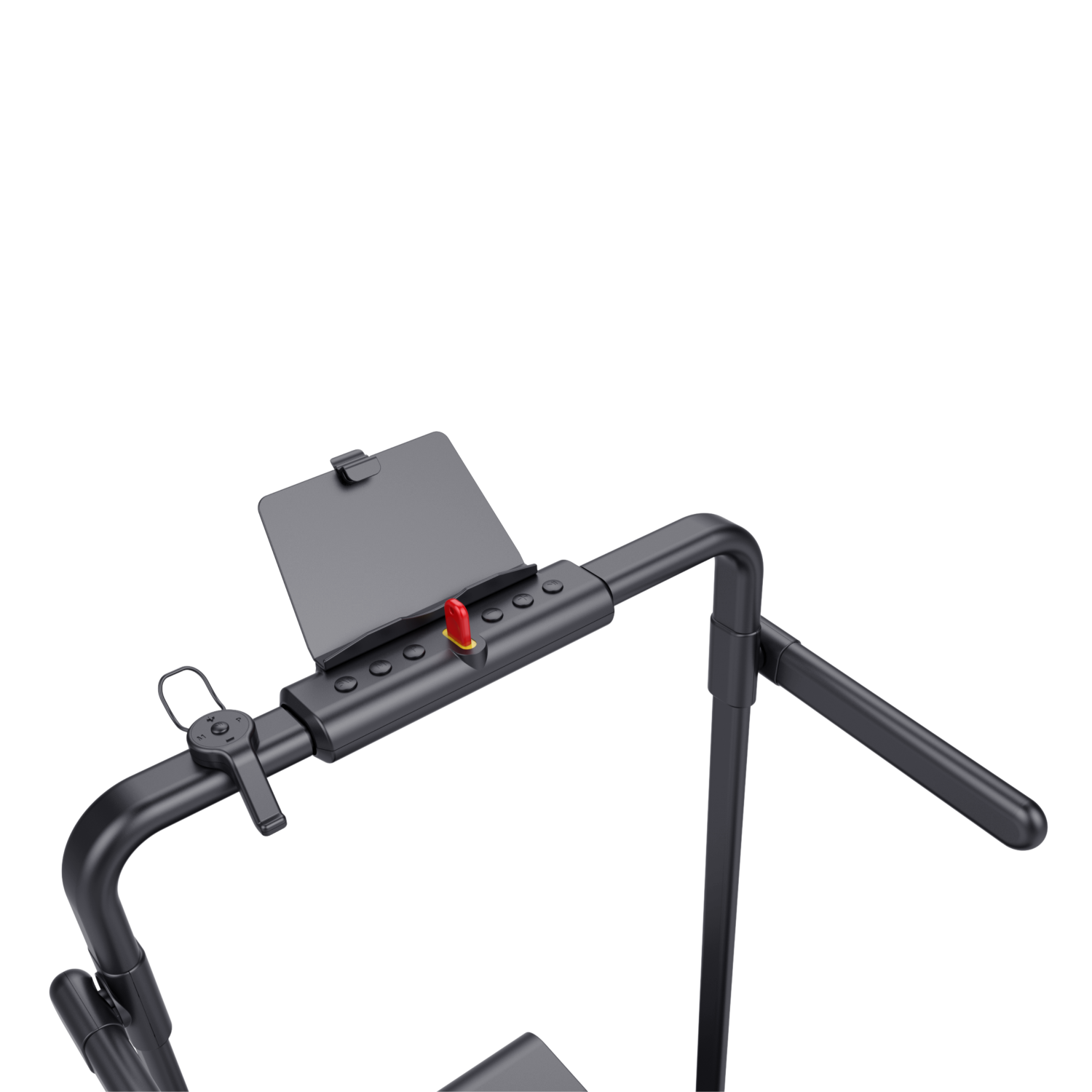 Een zwart handvat voor loopband met bedieningspaneel en tablethouder.