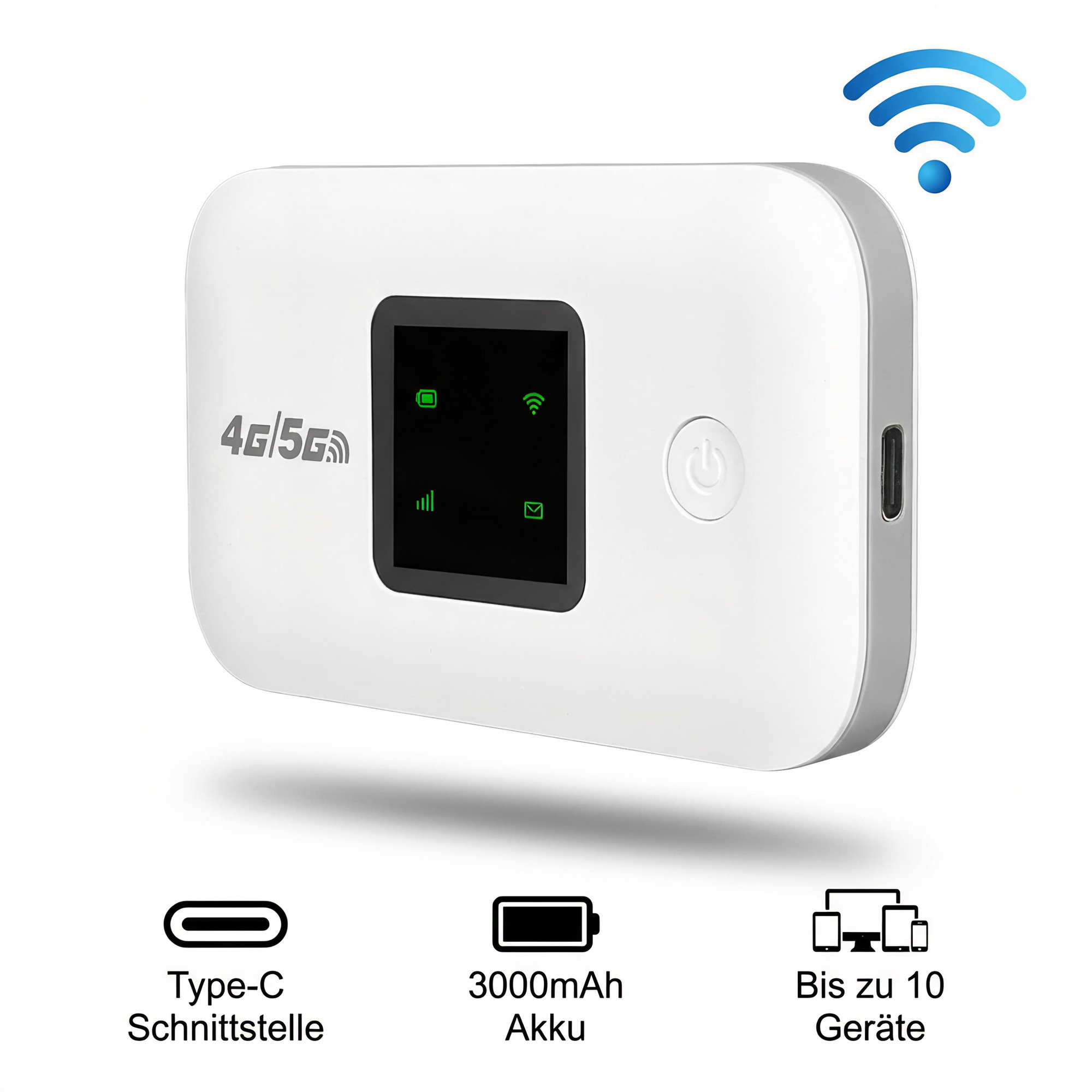 Weißer 4G/5G mobiler Hotspot mit Bildschirm, Akku- und WLAN-Symbolen.