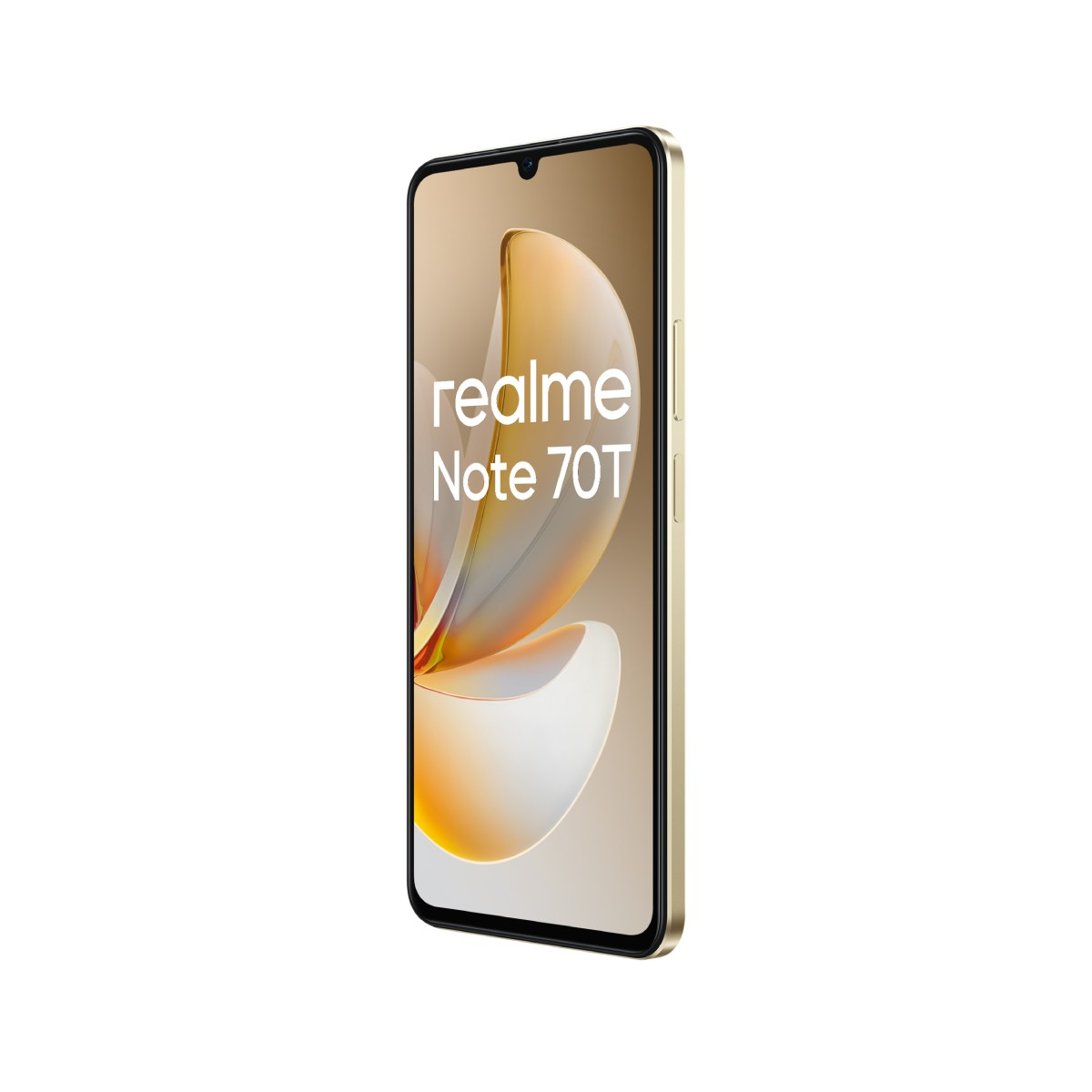 Złoty smartfon Realme Note 70T z abstrakcyjną grafiką na ekranie.