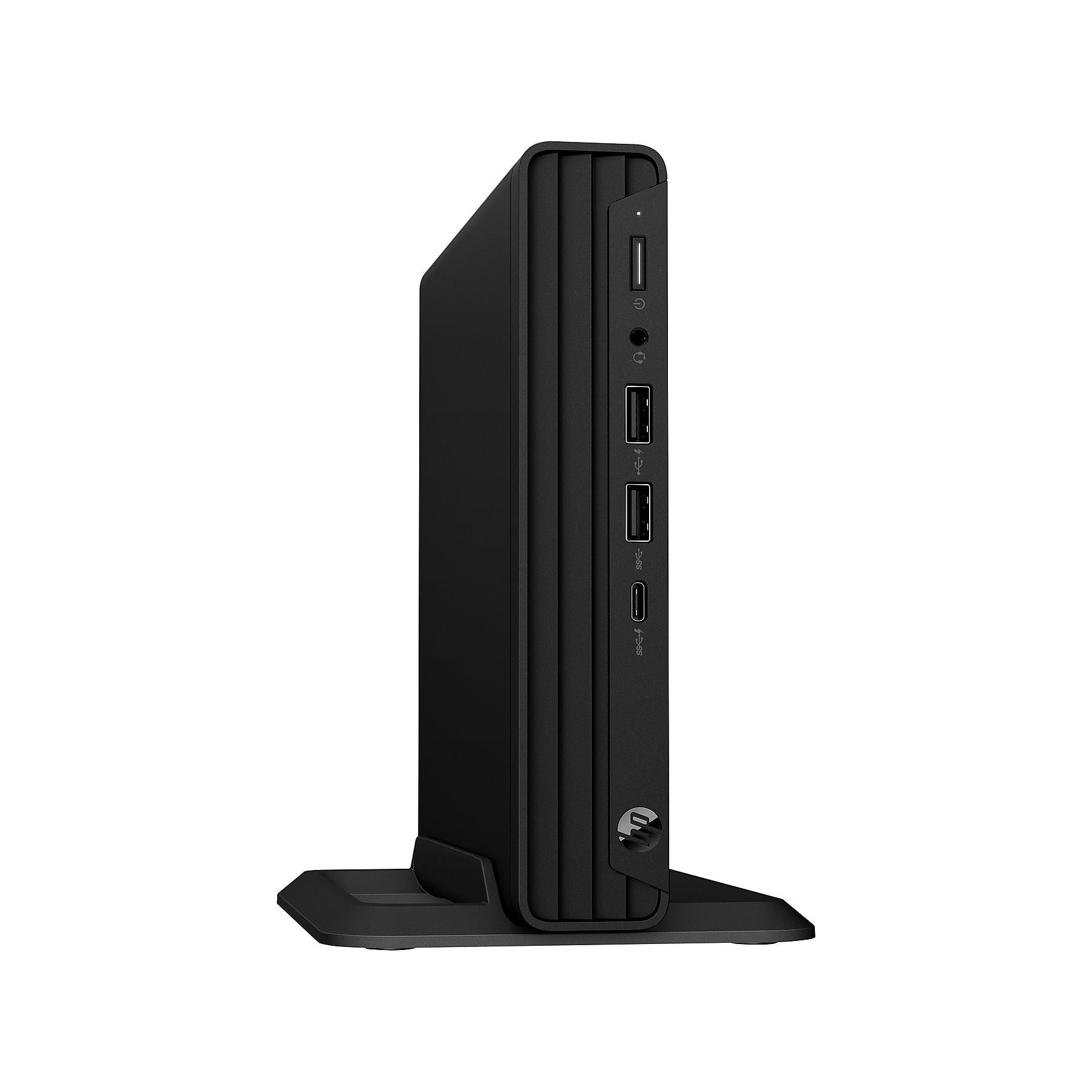 Mini PC HP nero su supporto, mostra porte anteriori: USB-A, USB-C, jack audio.
