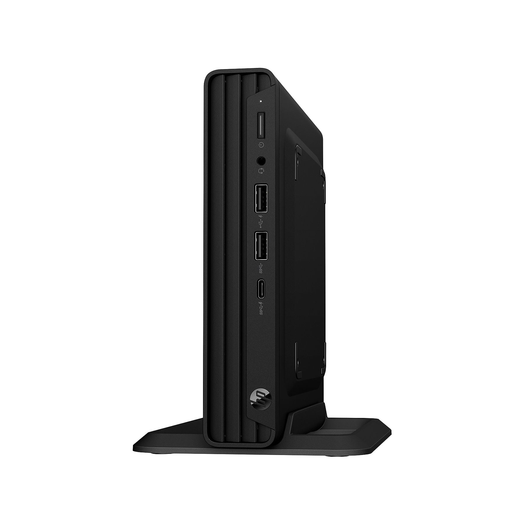 Un mini PC nero su un supporto, che mostra porte USB e pulsante di accensione.