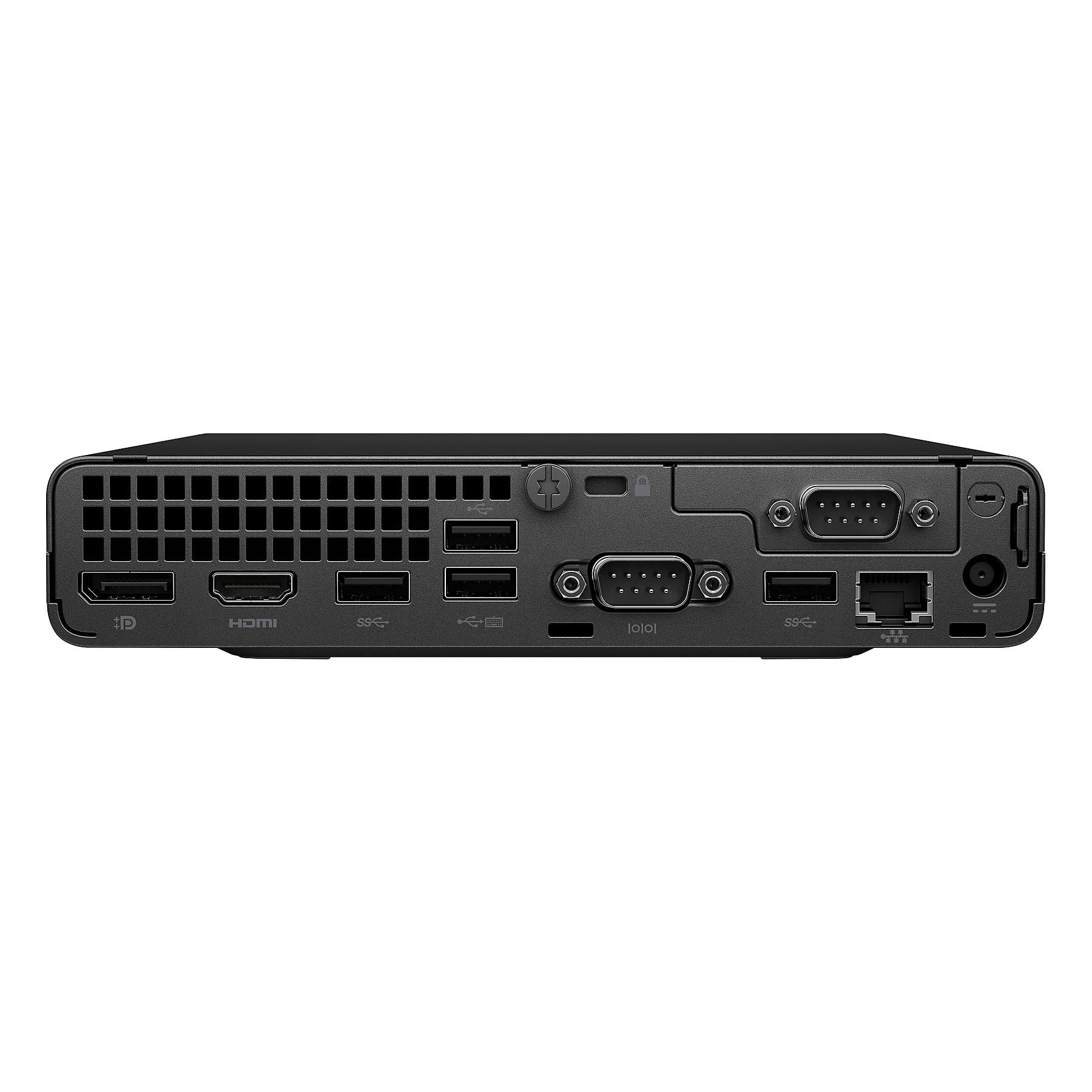 Retro di un mini PC nero con porte: USB, HDMI, VGA, Ethernet e alimentazione.