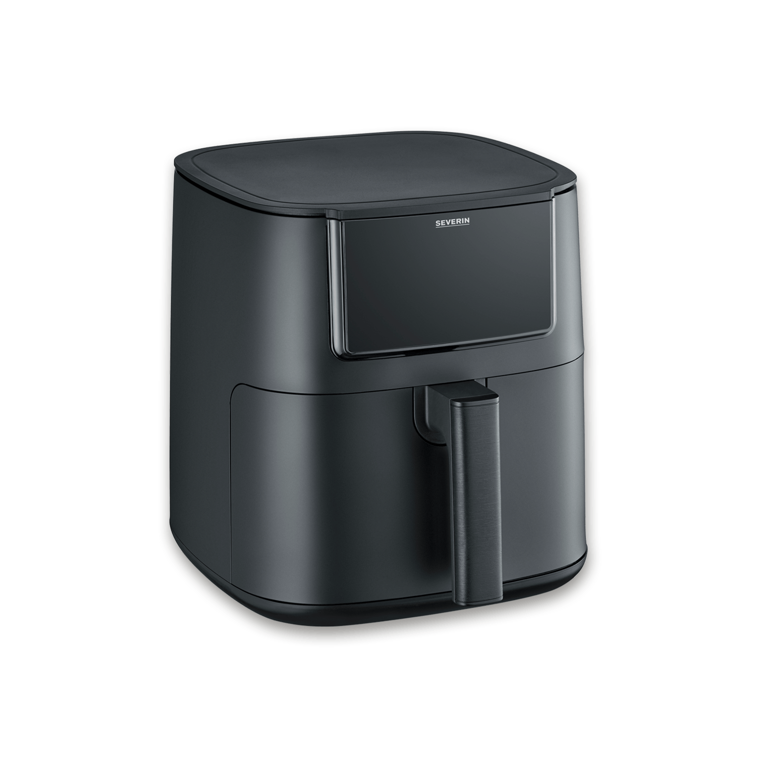 Een zwarte Severin airfryer staat op een groene achtergrond.