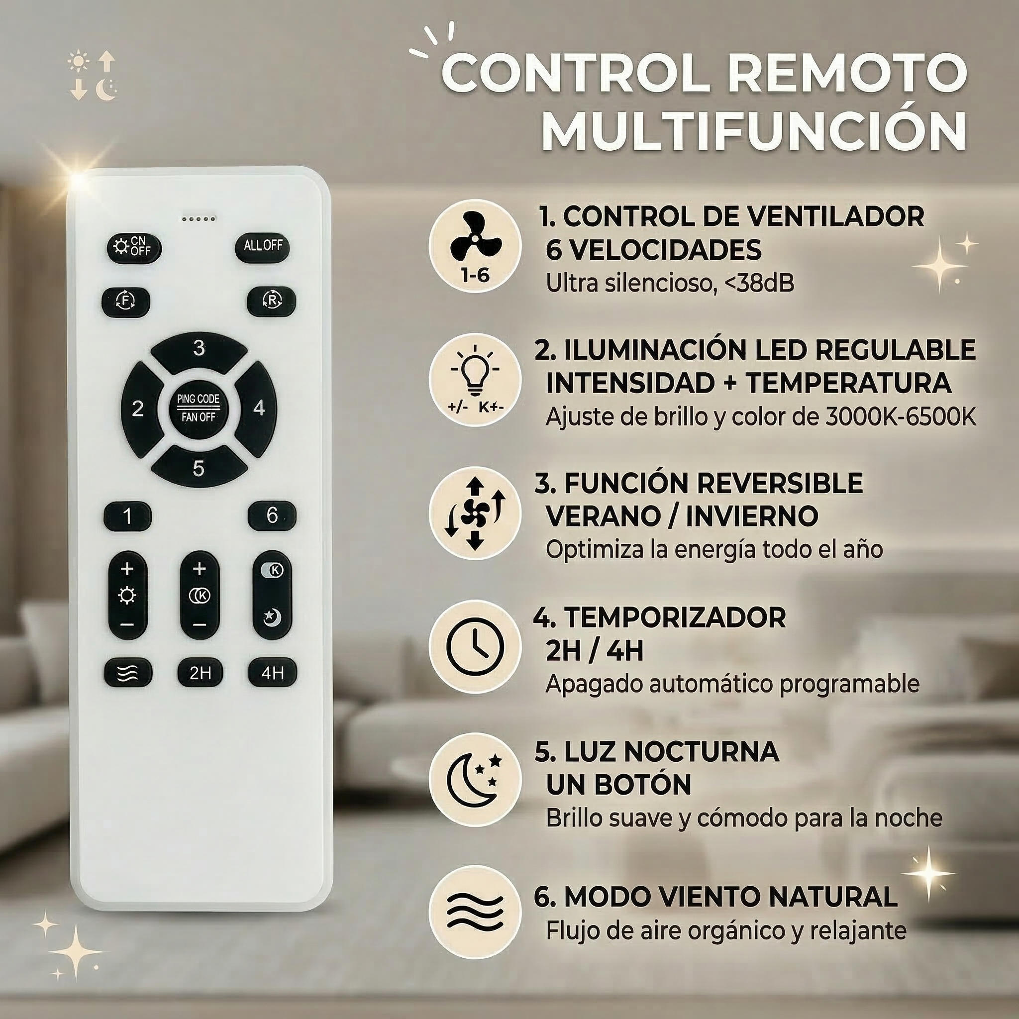 Mando a distancia multifunción blanco con botones numerados e iconos.