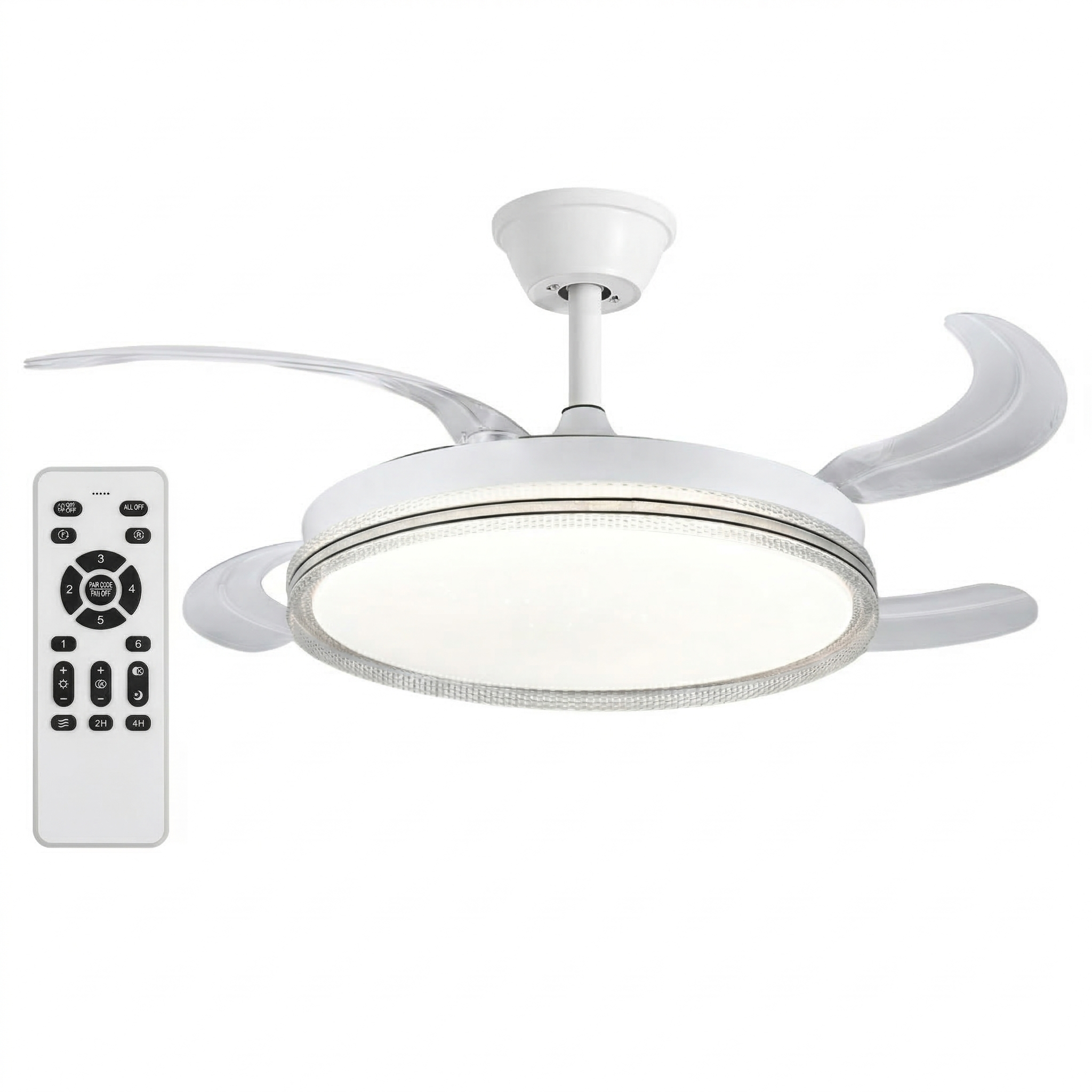 Luz de ventilador de techo blanca con control remoto sobre fondo blanco.