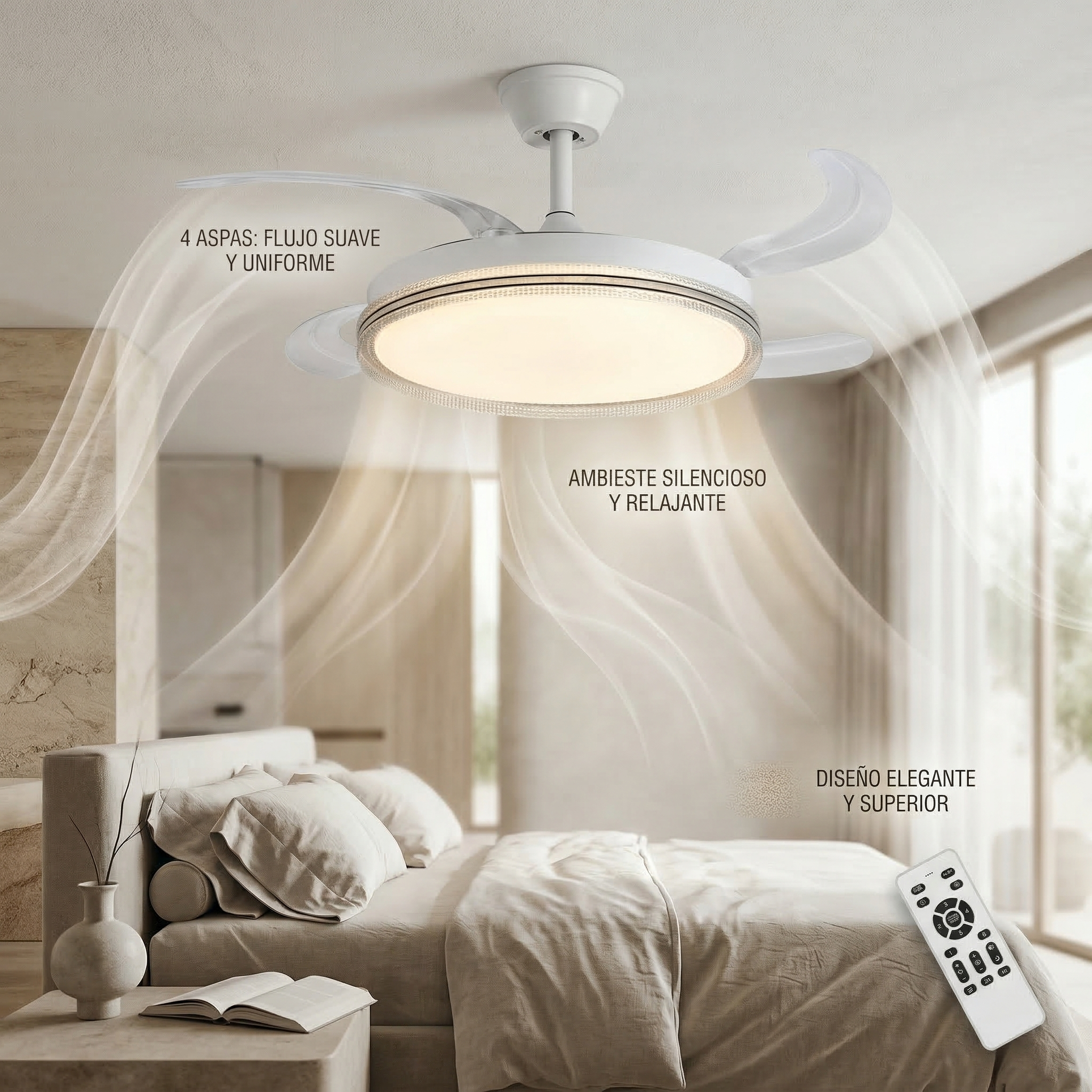 Un ventilador de techo blanco con luz sobre una cama. Un libro descansa en una mesita.
