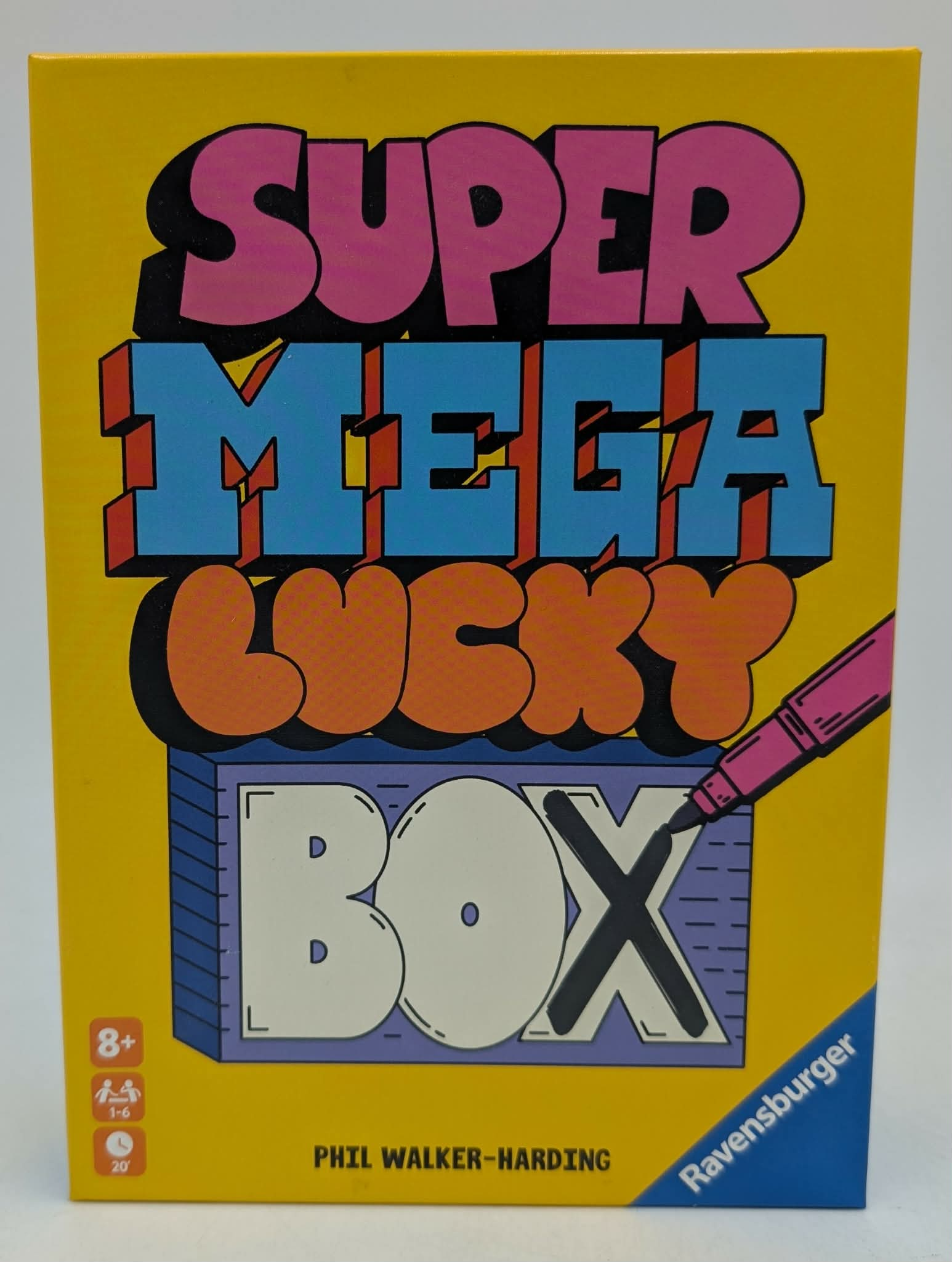 Spiel "Super Mega Lucky Box". Bunte Schrift auf gelbem Hintergrund. Ravensburger.