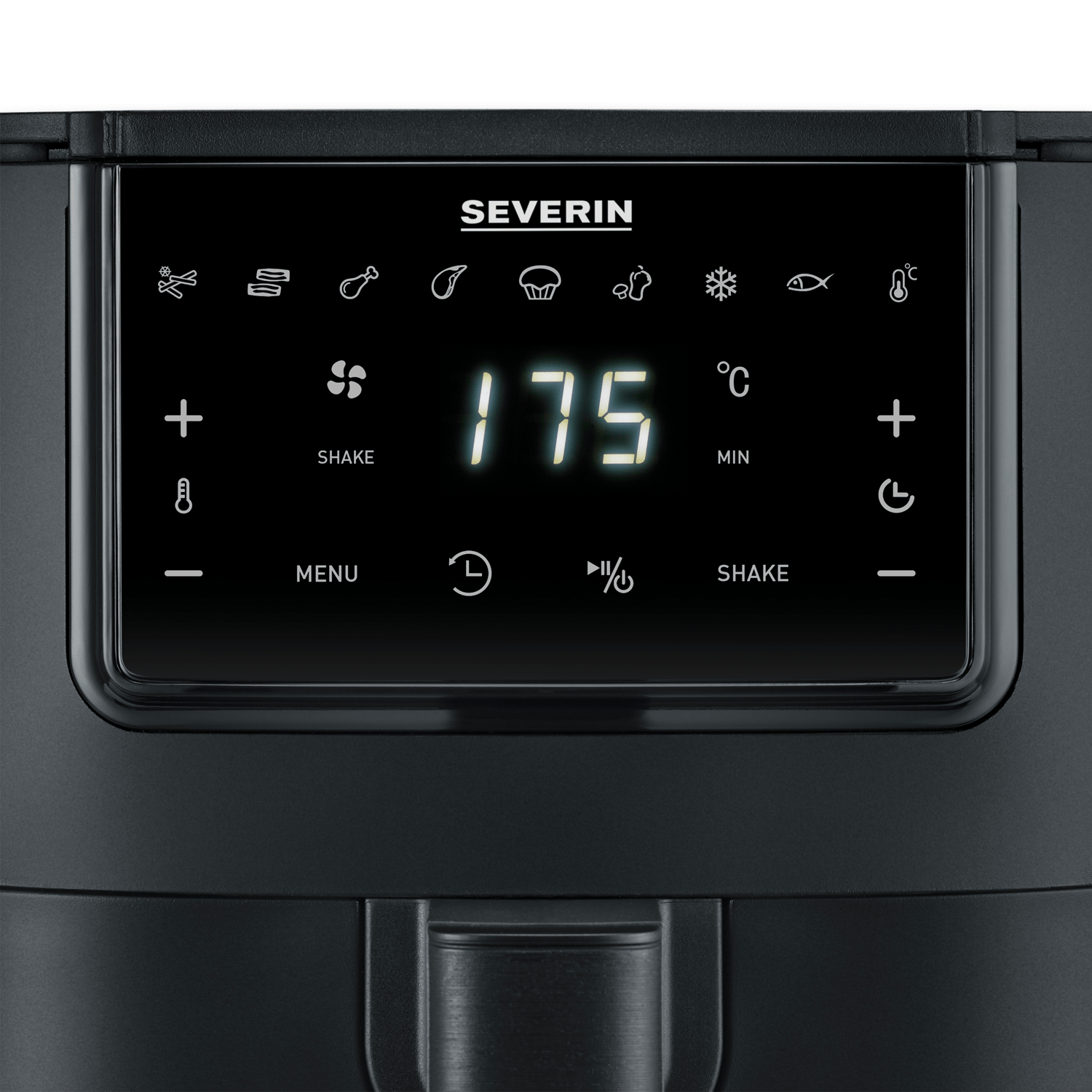 Digitale weergave van een zwart apparaat met 175°C temperatuur en menuopties.