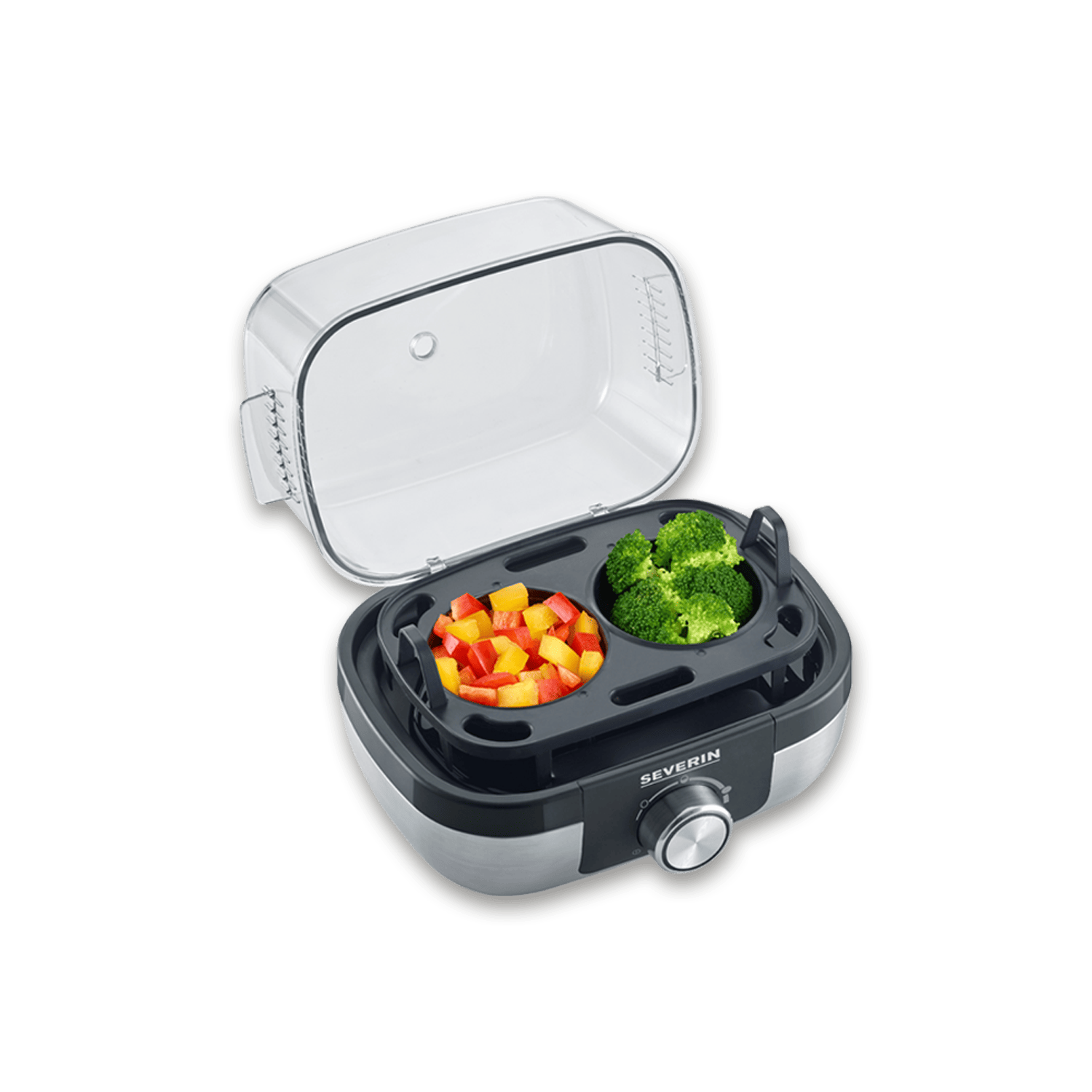 Parowar z brokułami i kostkami papryki w dwóch pojemnikach.