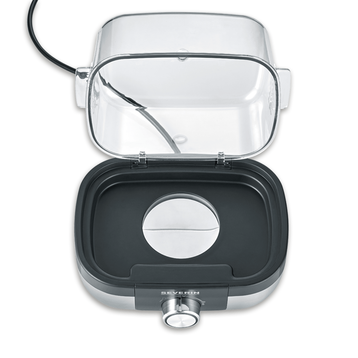 Otwarta, przezroczysta pokrywa nad czarnym grillem ze srebrnym pokrętłem.