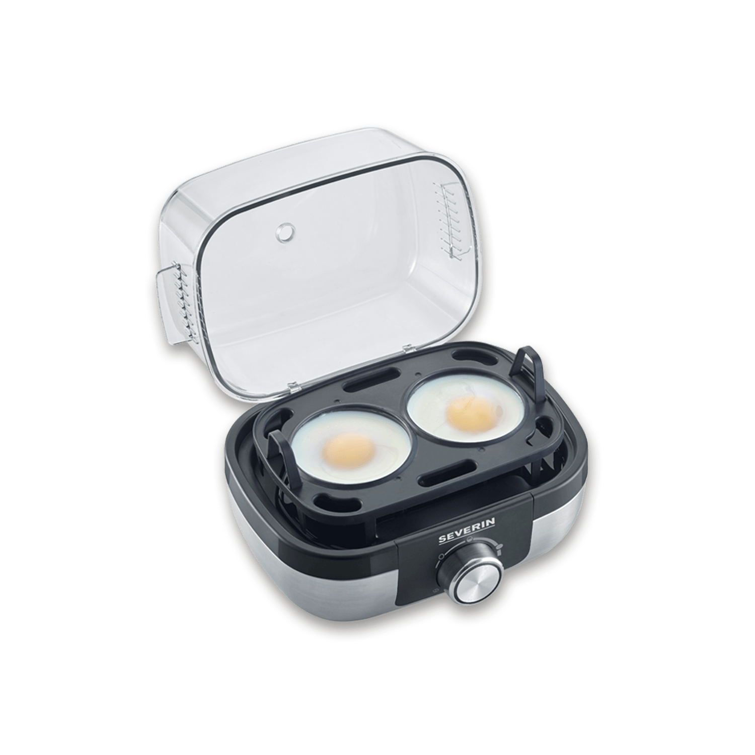 Urządzenie do gotowania jajek z dwoma jajkami i otwartą pokrywą.
