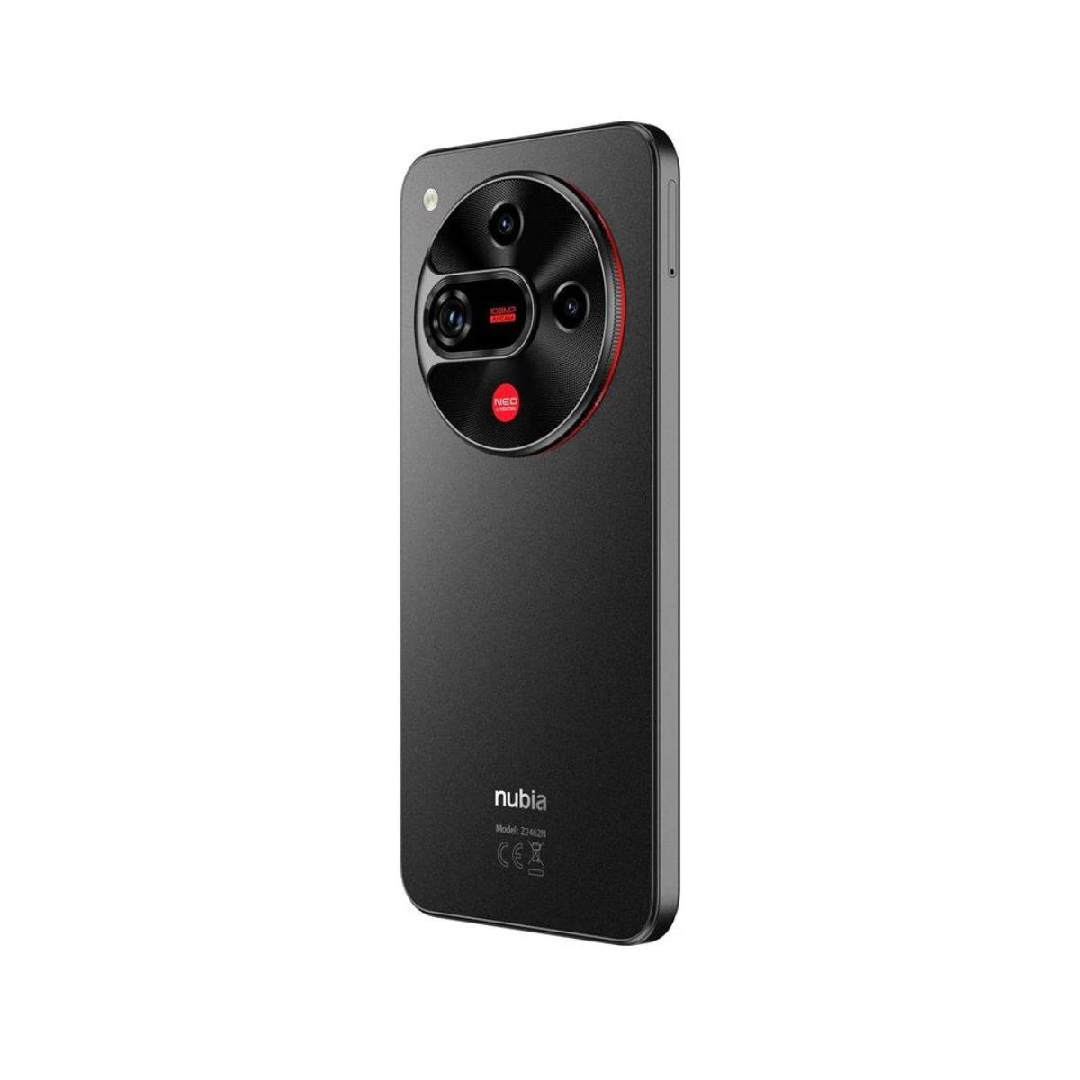 Czarny smartfon z okrągłą wyspą aparatu, czerwonym paskiem i logo Nubia.