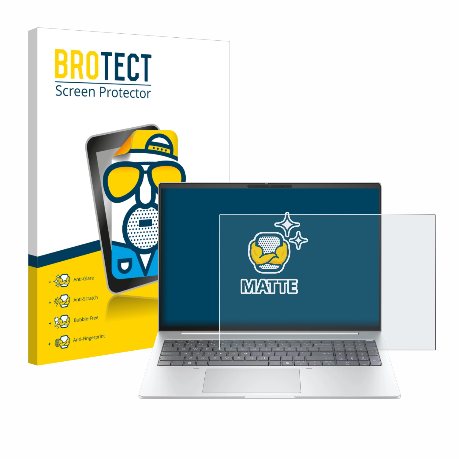 BROTECT Displayschutzverpackung neben einem Laptop mit aufgebrachtem matten Displayschutz.