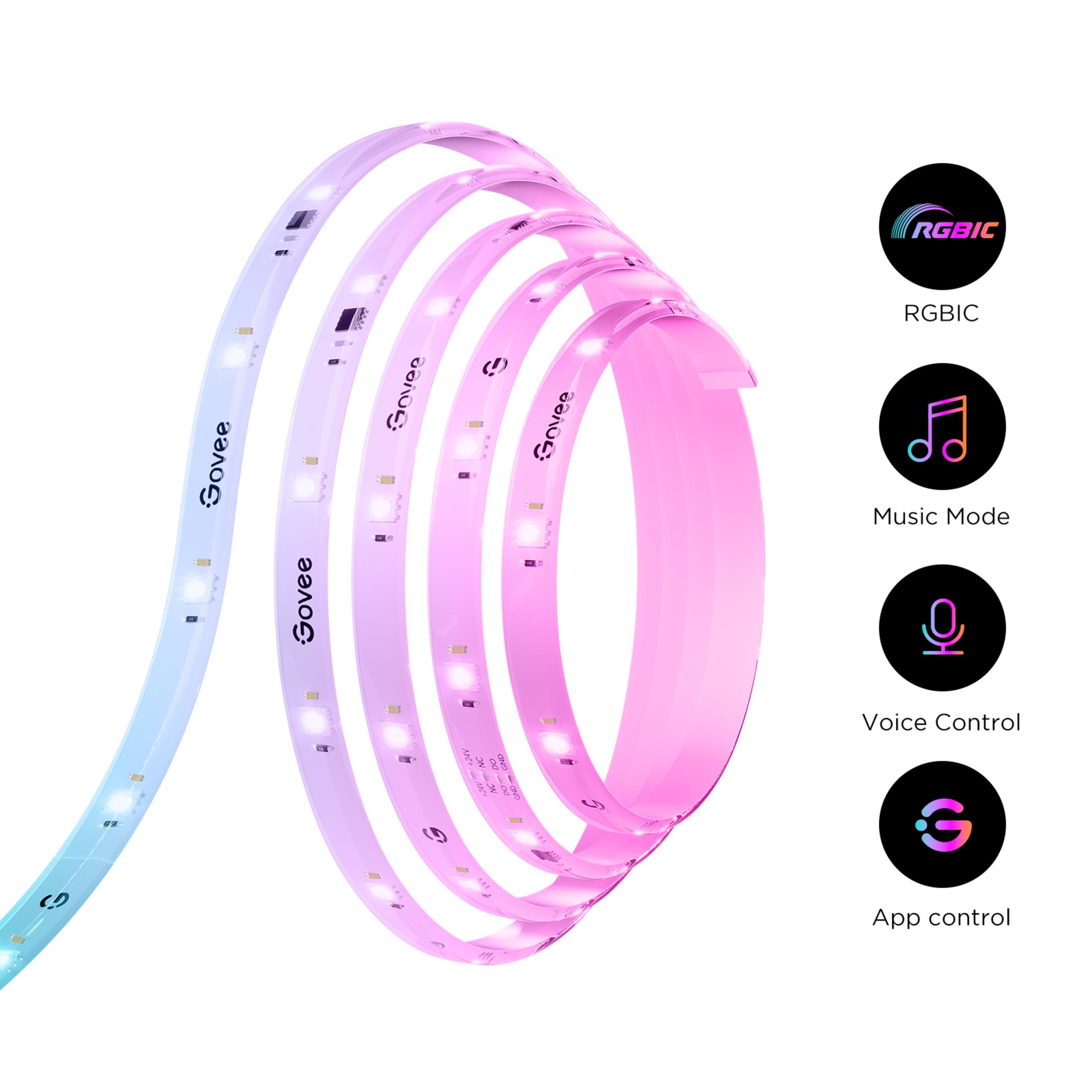 Une bande lumineuse LED enroulée avec un dégradé de bleu à rose.