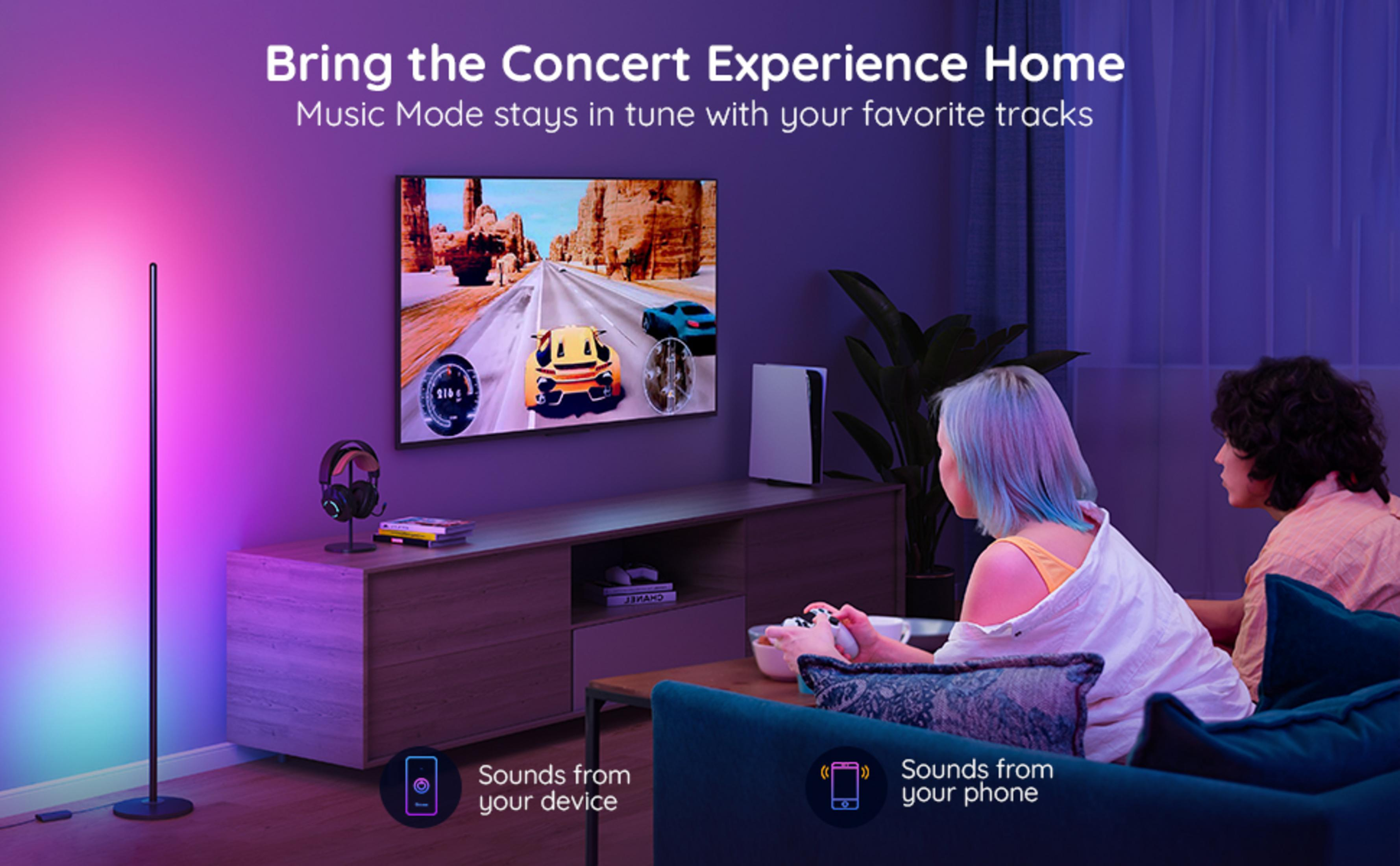 Dwie osoby grają w grę wyścigową na telewizorze, oświetloną przez lampę stojącą.