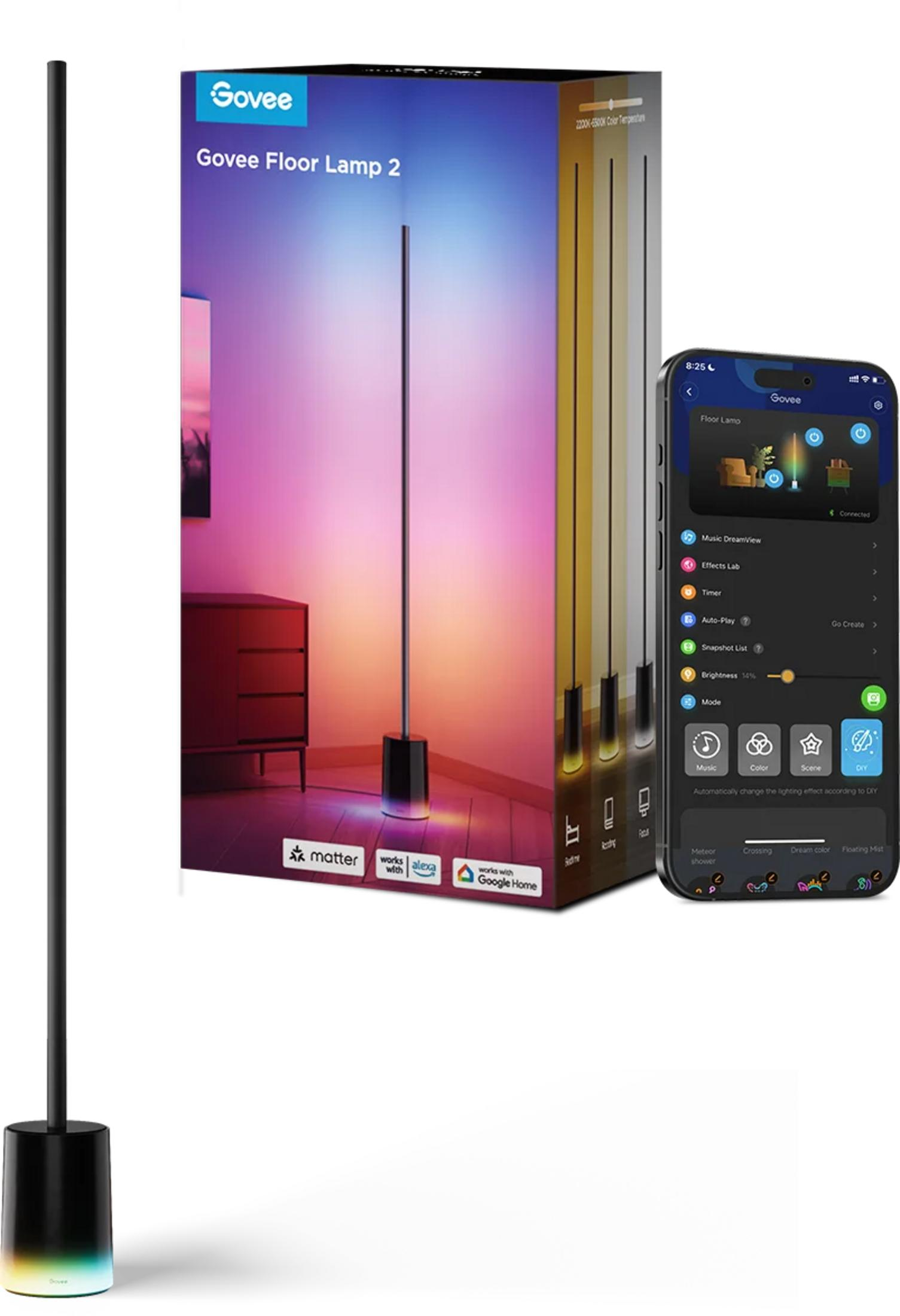 Govee Floor Lamp 2 with app on phone. Box shows lamp and room with colored light.