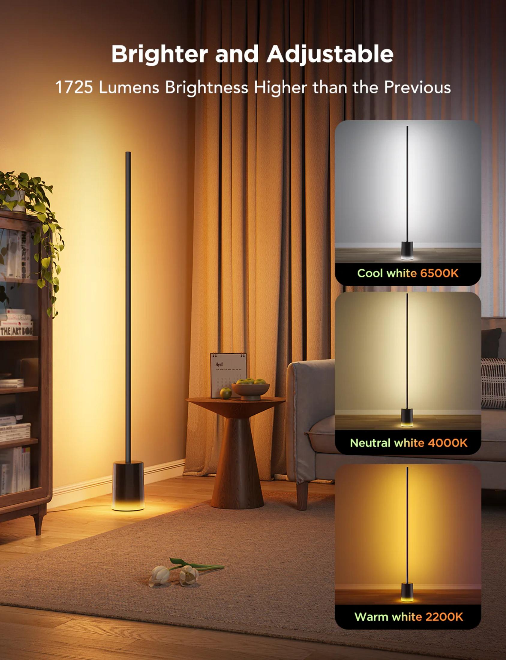 Minimalist floor lamp shown in cool, neutral, and warm white light settings.