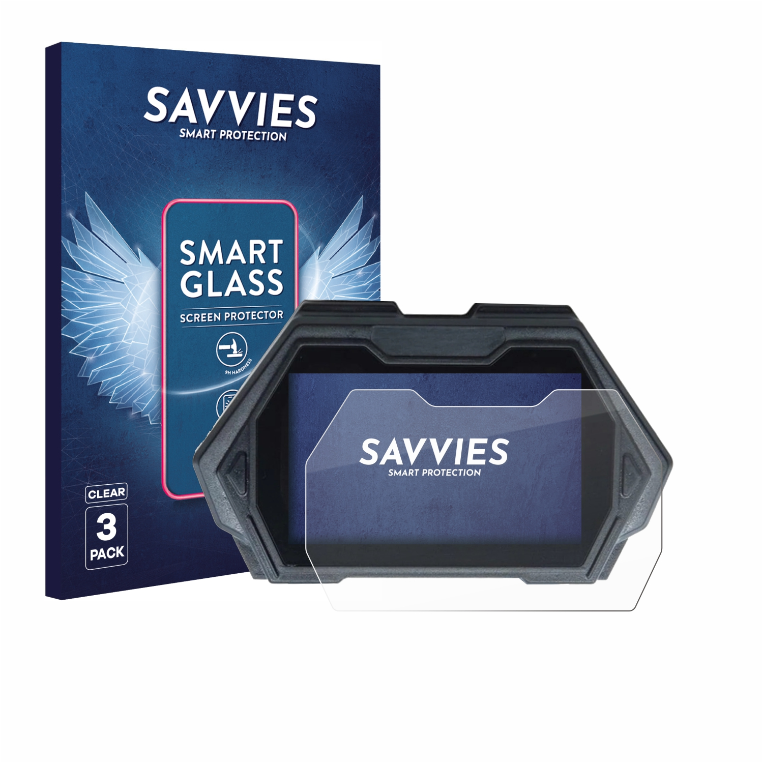 Savvies Smart Glass Displayschutzfolie 3er-Pack und ein Gerätedisplayrahmen.