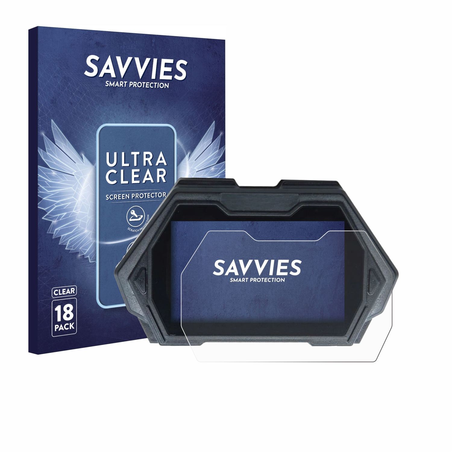 Verpackung und Displayschutzfolie für SAVVIES Ultra Clear mit Kratzschutz.