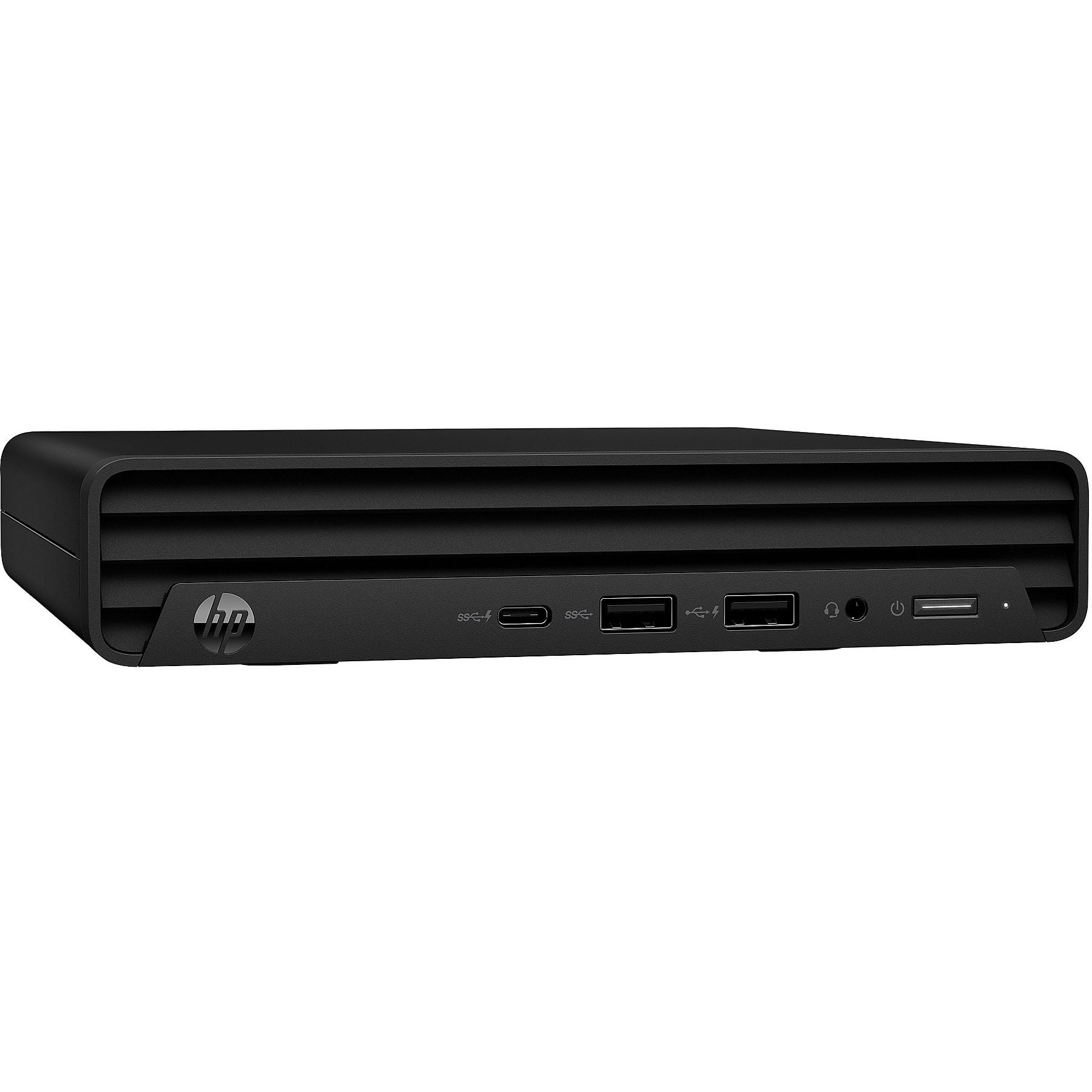 Mini PC HP nero con porte frontali: USB-C, USB-A, audio, pulsante di accensione.