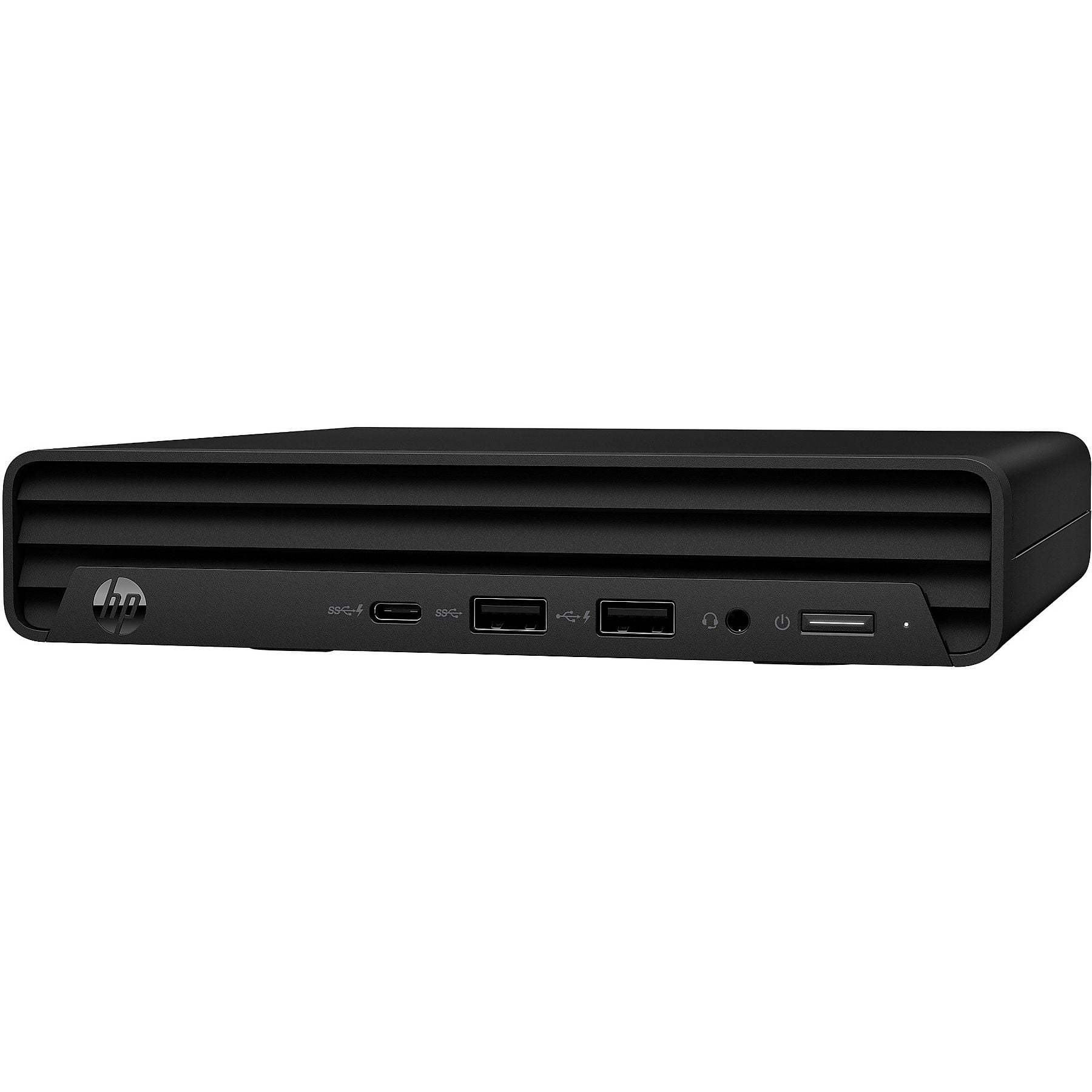 Mini PC HP nero con porte anteriori: USB-C, USB-A, jack cuffie e pulsante di accensione.