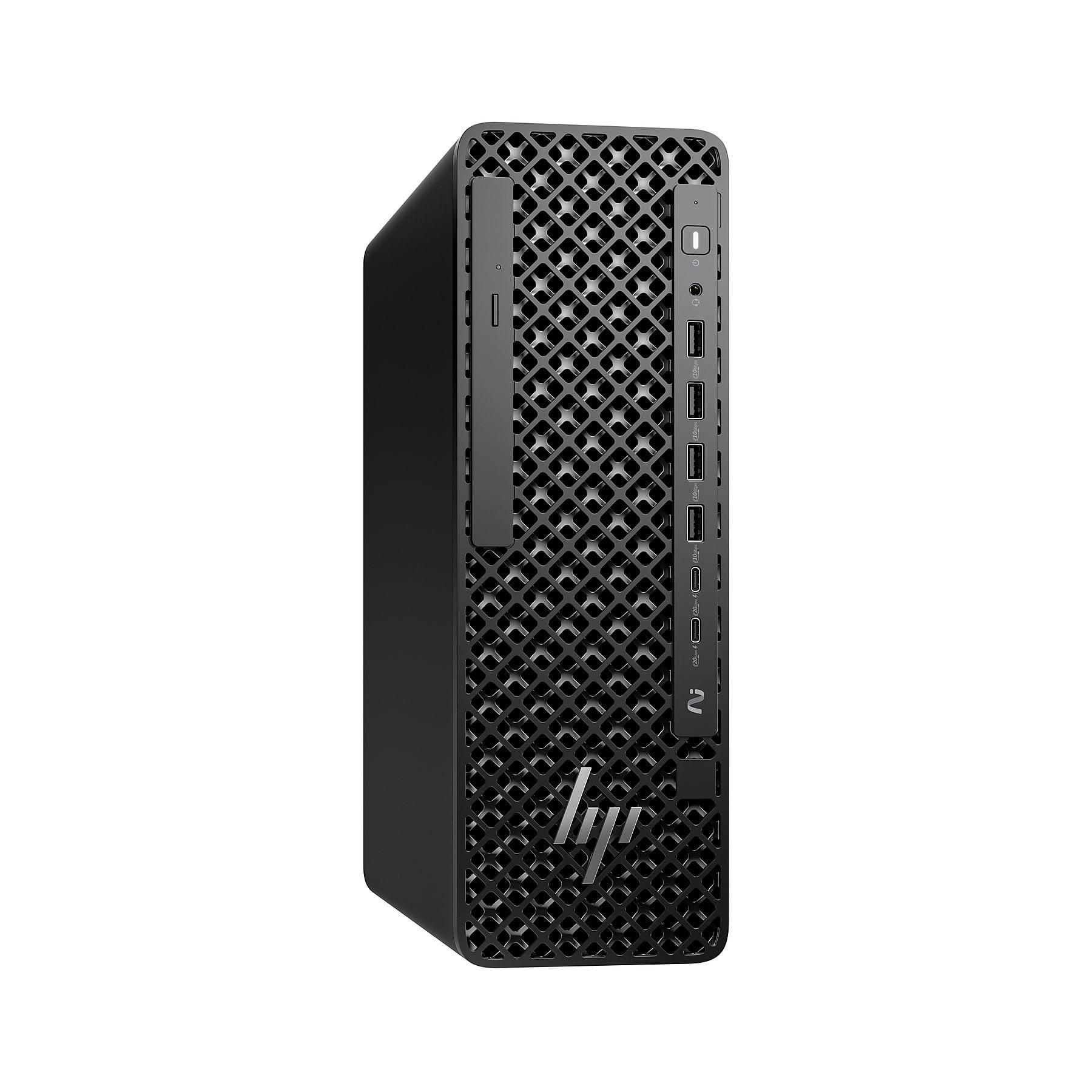 Computer desktop nero con pannello frontale ventilato e porte.
