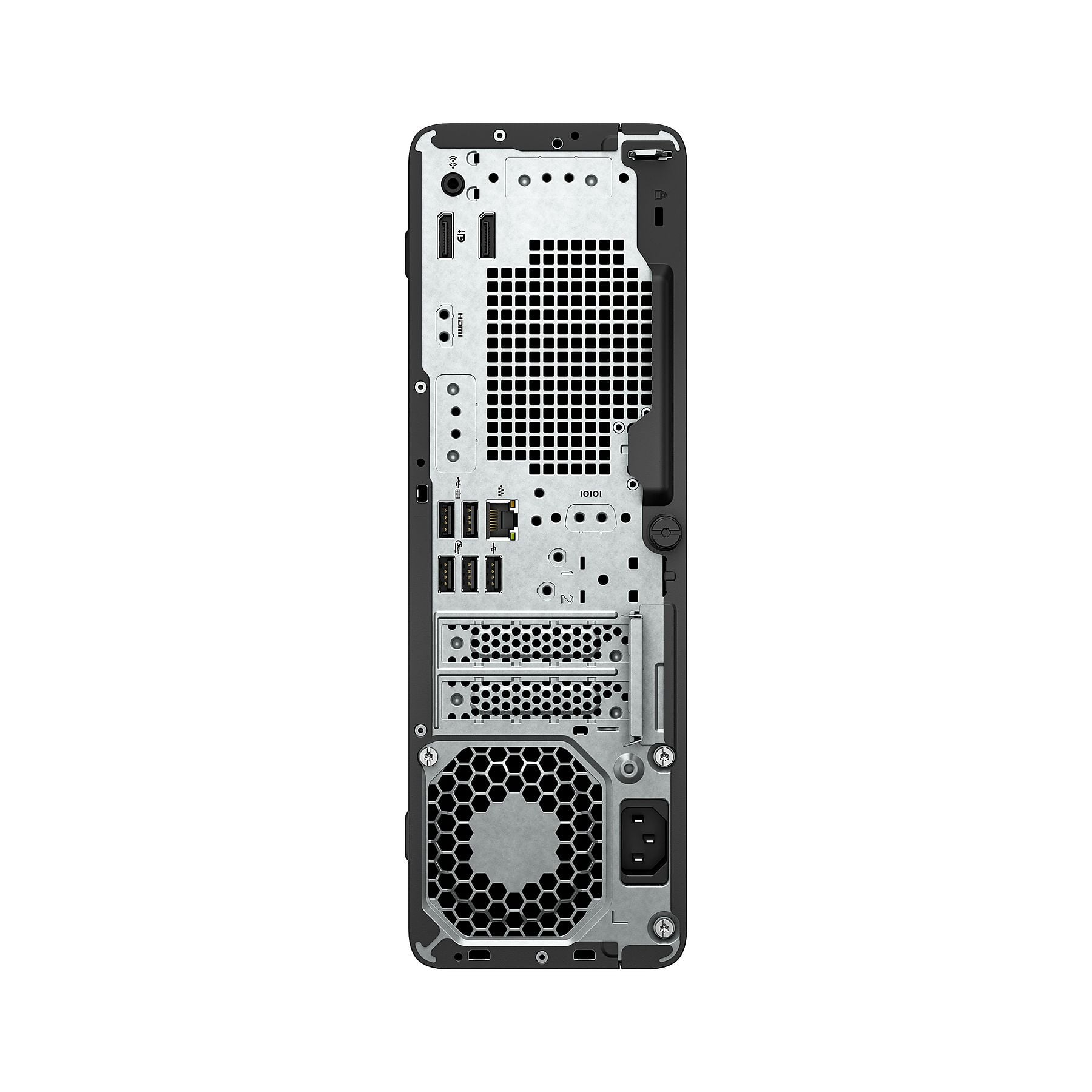 Pannello posteriore PC con porte: USB, HDMI, connettore alimentazione e griglia ventola.