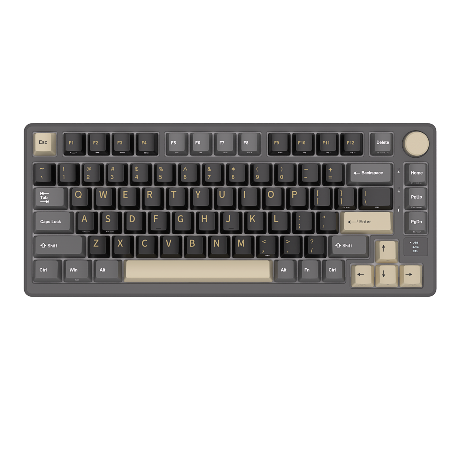 Szara klawiatura z beżowymi klawiszami Esc, Enter i spacji.