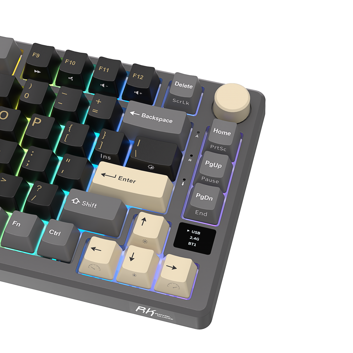 Szara klawiatura z podświetlanymi klawiszami i pokrętłem.