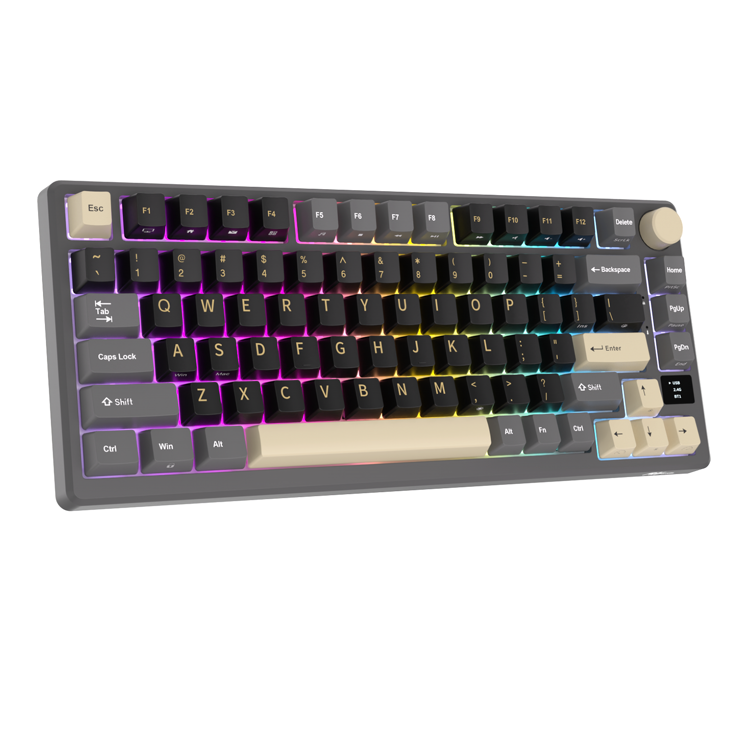 Szara klawiatura mechaniczna z podświetleniem RGB i beżowymi klawiszami.