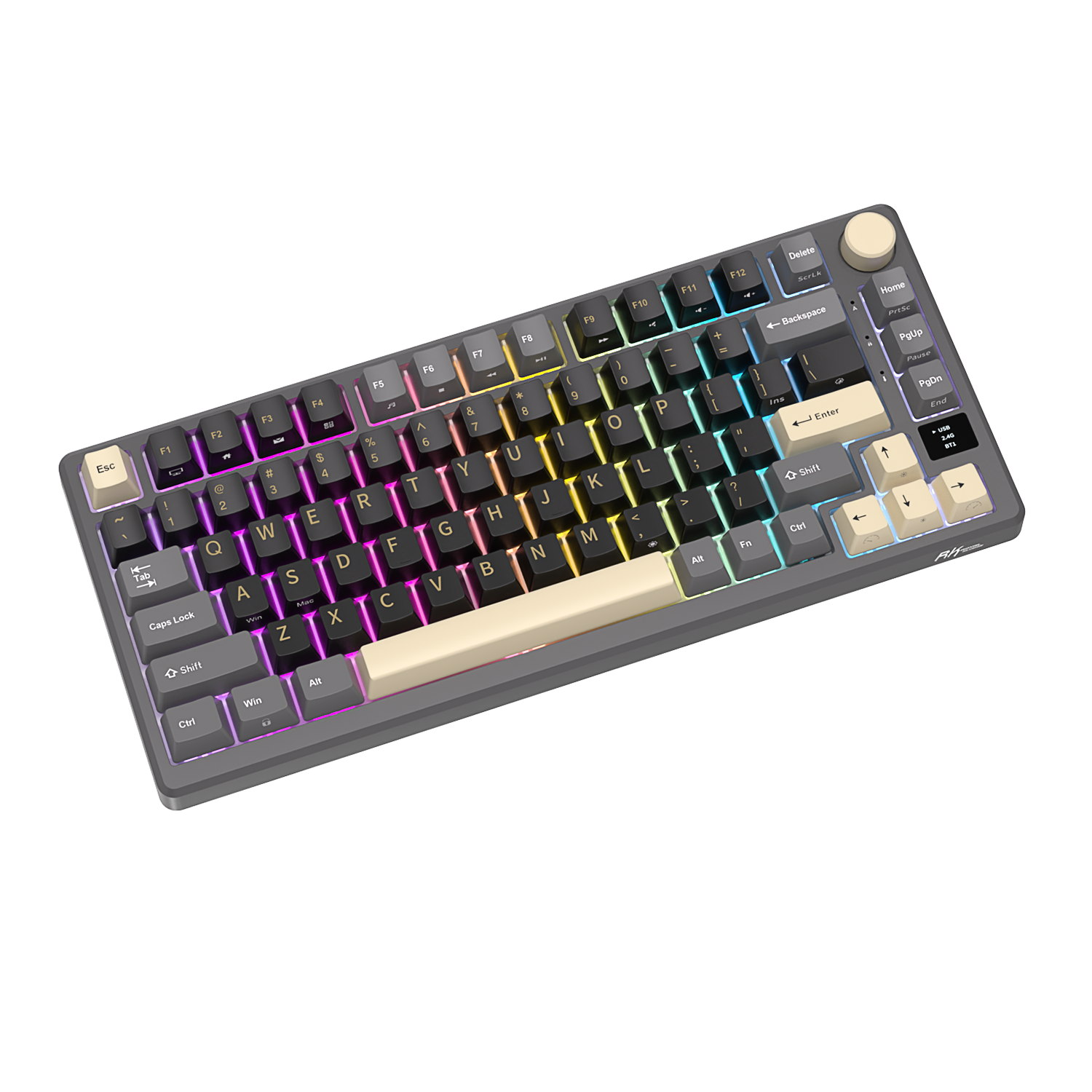 Szara klawiatura mechaniczna z podświetleniem RGB i złotym pokrętłem.