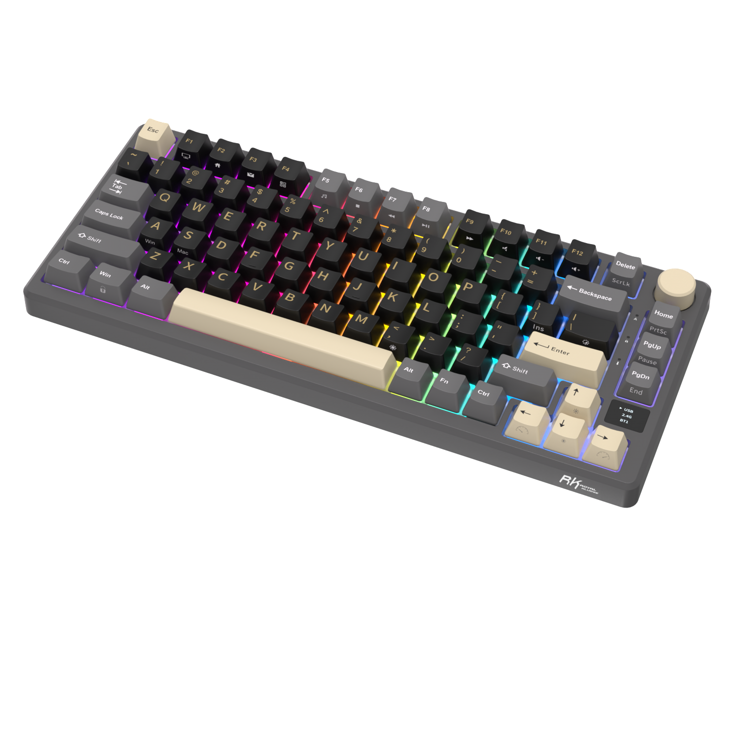 Szara klawiatura mechaniczna z podświetleniem RGB i beżowymi klawiszami.