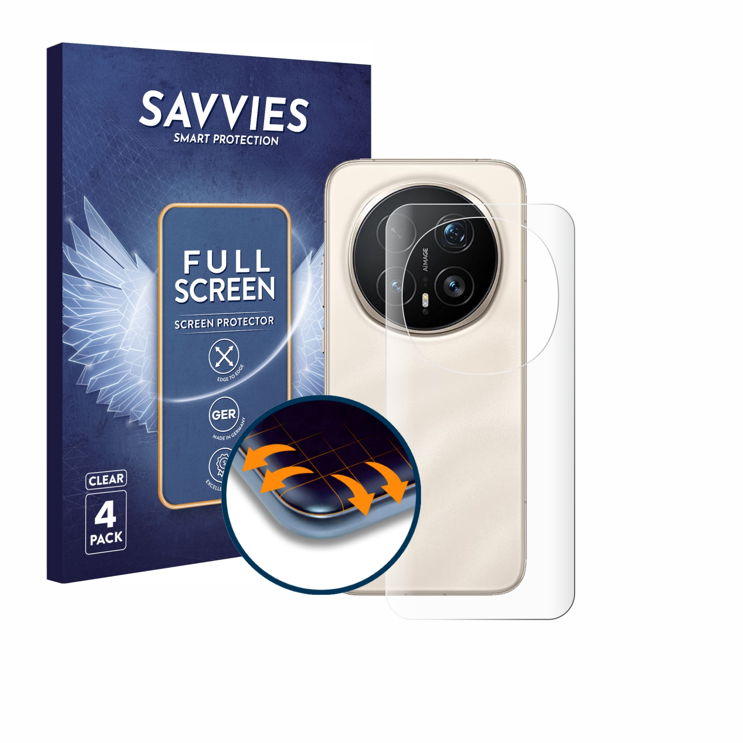 Savvies Full Screen Protector 4er Pack mit Handy und Nahaufnahme der Kante.