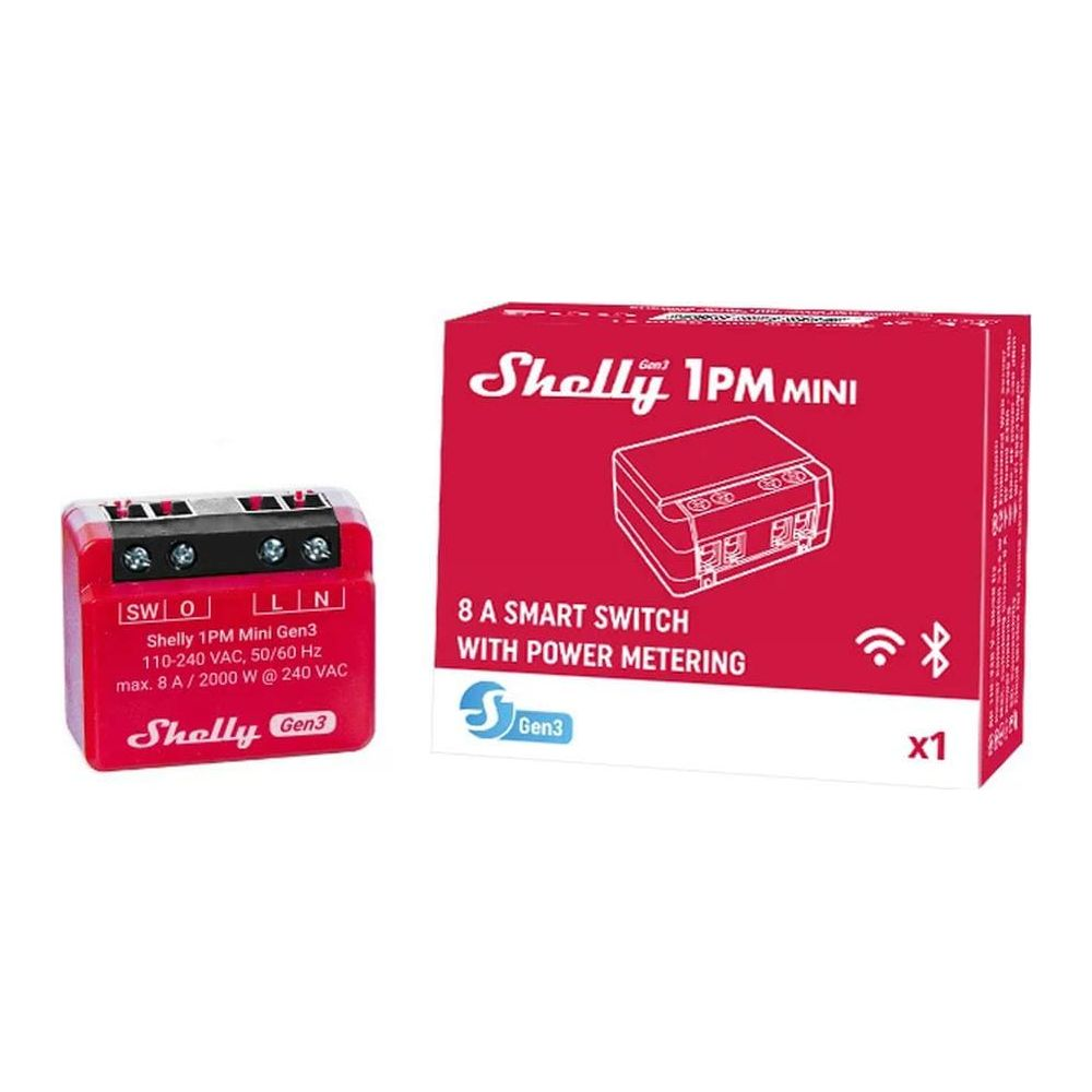 Inteligentny przełącznik Shelly 1PM Mini Gen3 z pomiarem mocy na czerwonym opakowaniu.