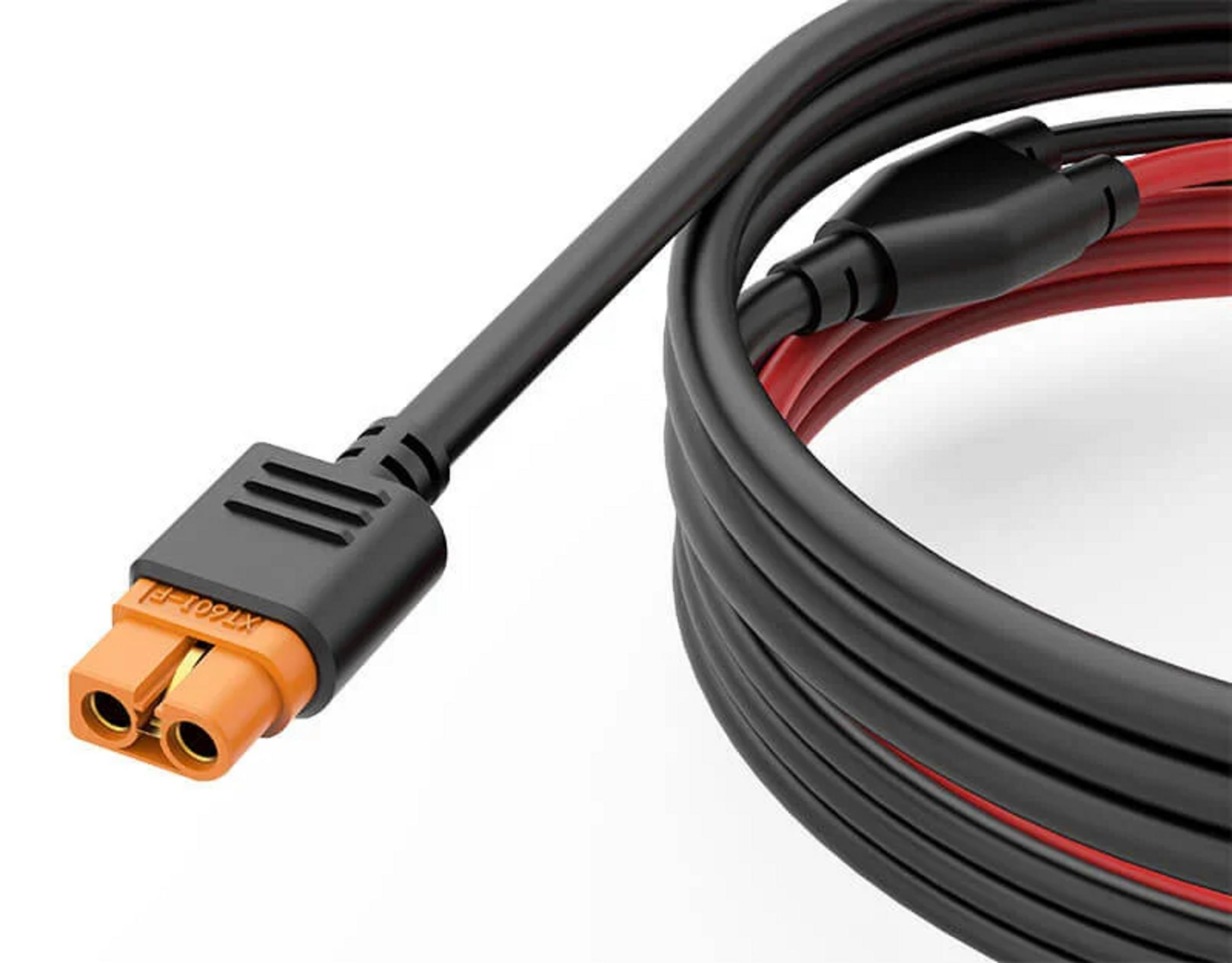 Czarny kabel z pomarańczowym złączem XT60 i czerwonymi przewodami.