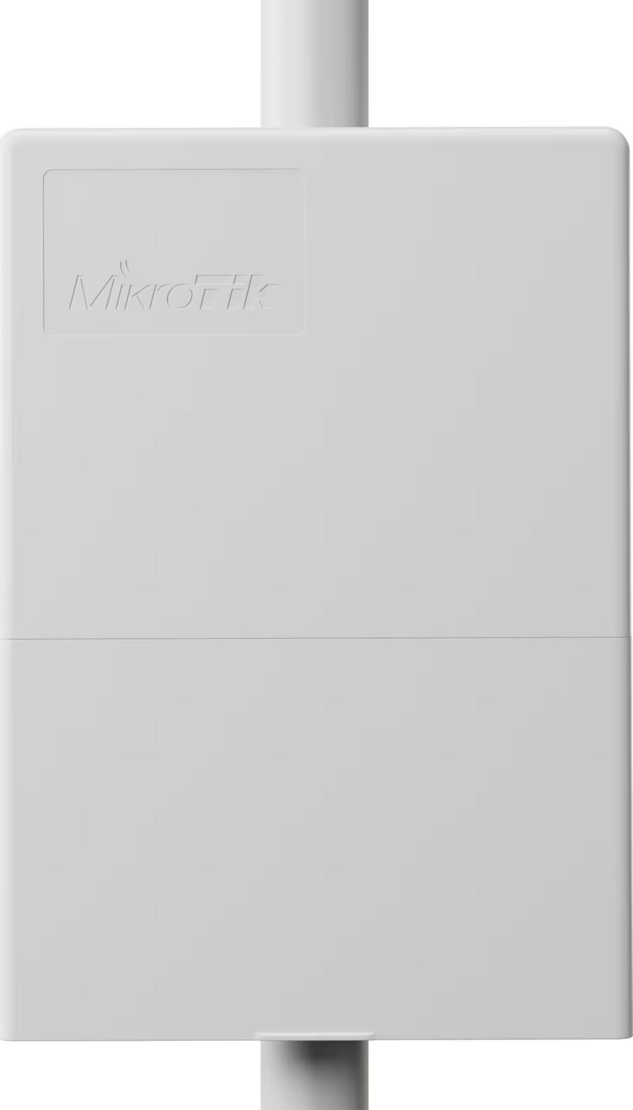 Un dispositivo MikroTik blanco con antena, sujeto a un poste.