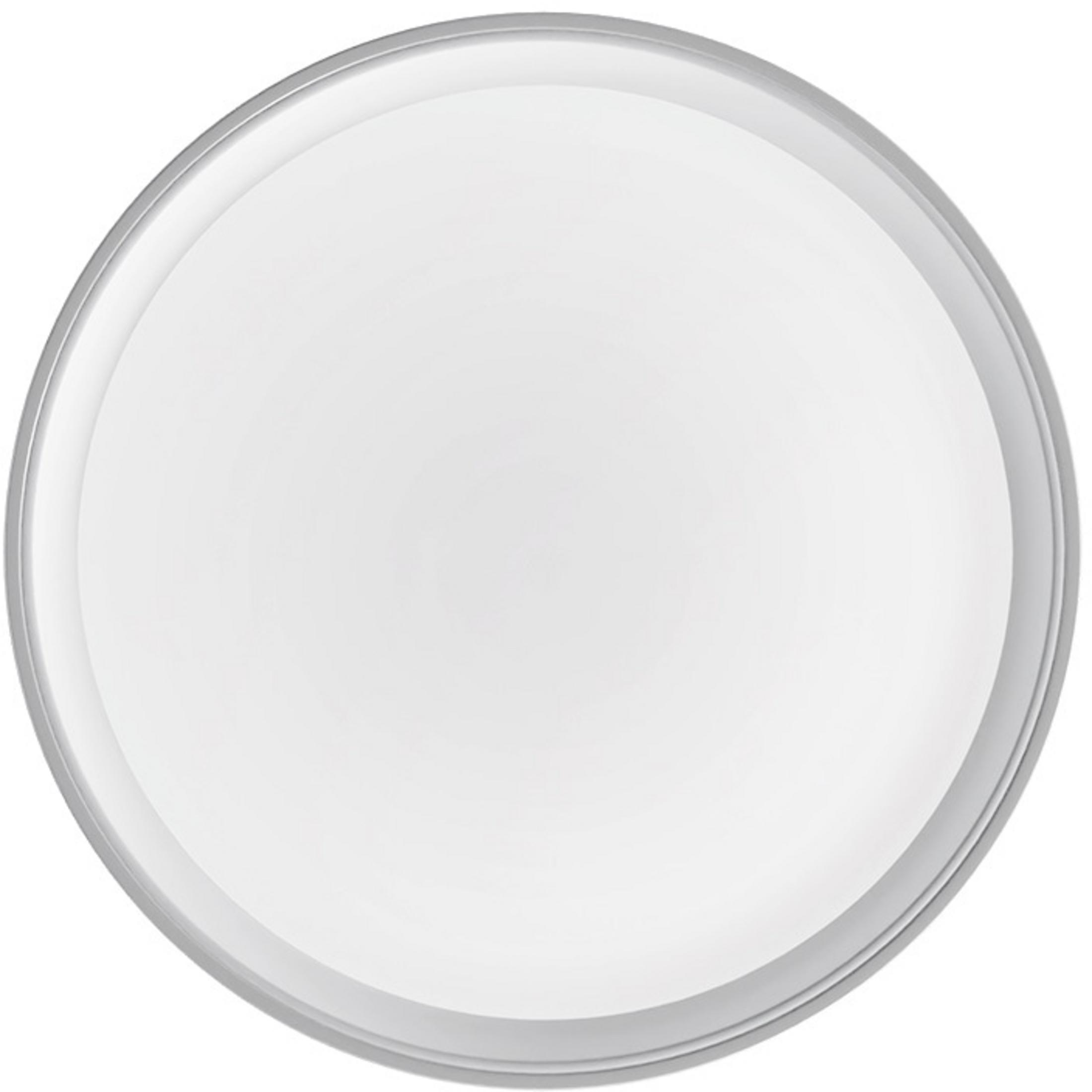 Biały, okrągły przedmiot z srebrną obwódką.