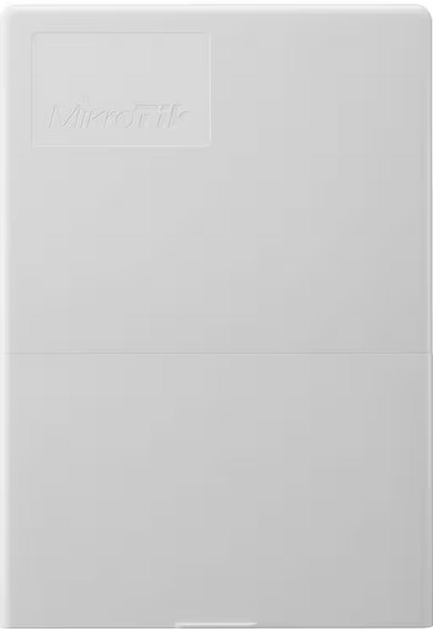 Białe urządzenie Mikrotik z wytłoczonym logo w górnej części.