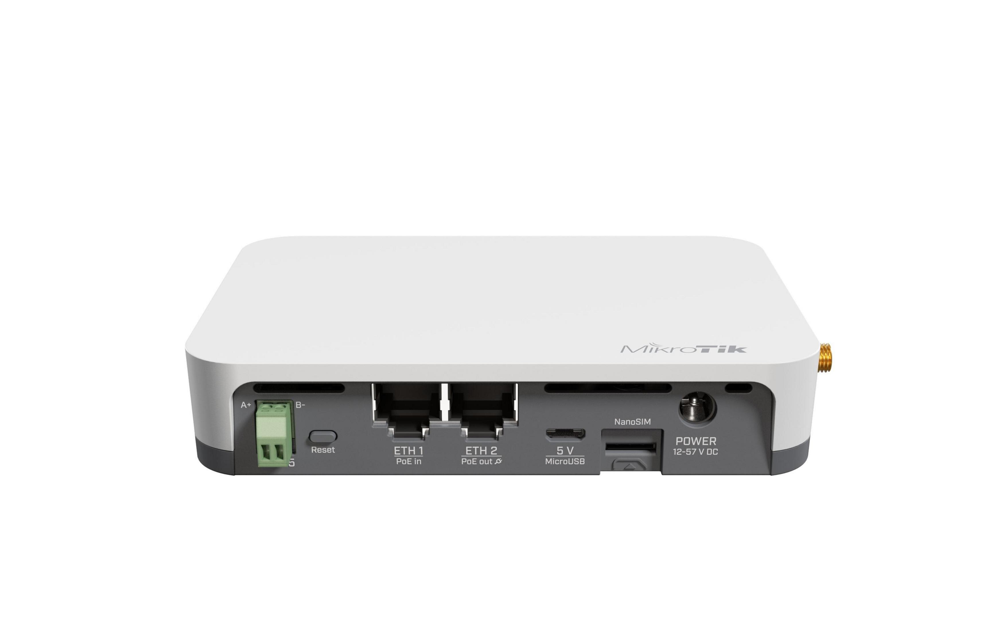 Ein weißer MikroTik-Router mit Anschlüssen: Reset, ETH1, ETH2, MicroUSB, NanoSIM und Strom.
