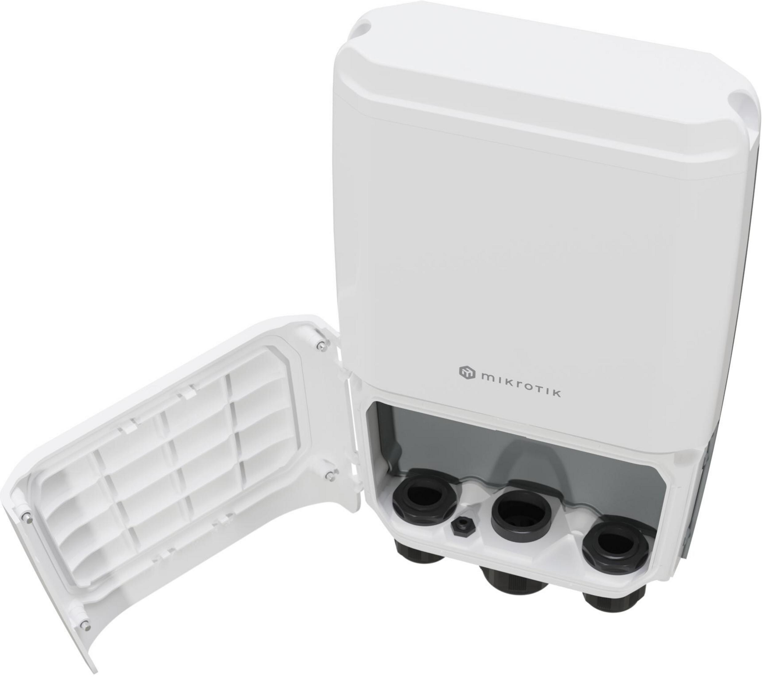 Białe urządzenie Mikrotik z otwartą pokrywą, pokazujące trzy czarne przepusty kablowe.