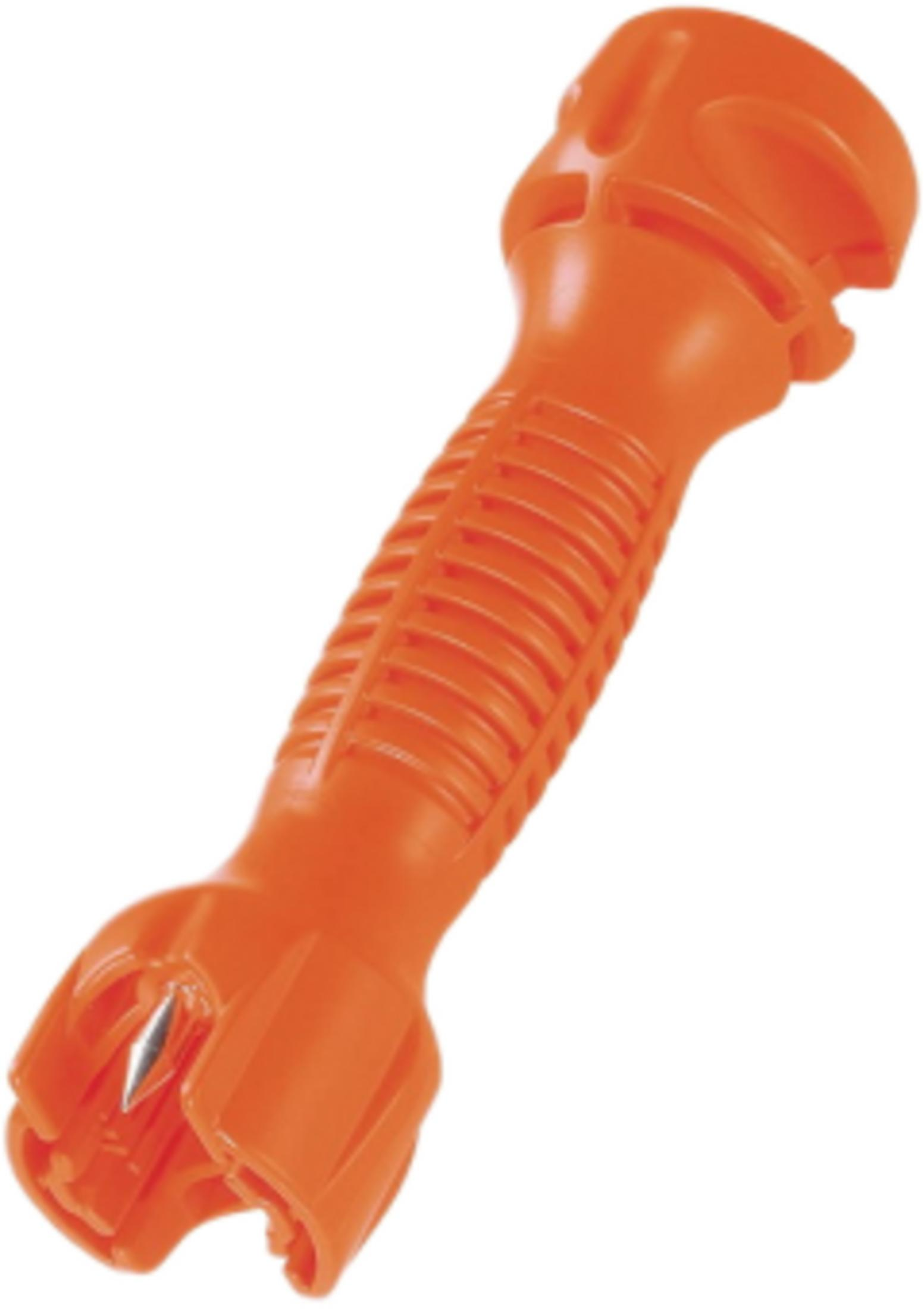 Pomarańczowa nakrętka otwieracza do butelek z metalową wstawką.