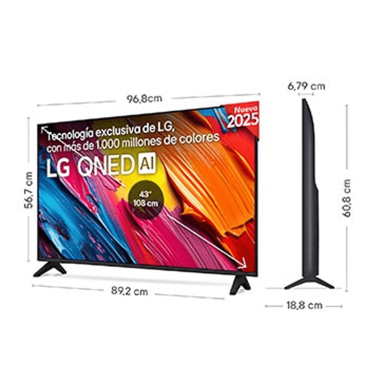 Una TV LG QNED AI da 43 pollici, larga 96,8 cm e alta 56,7 cm.